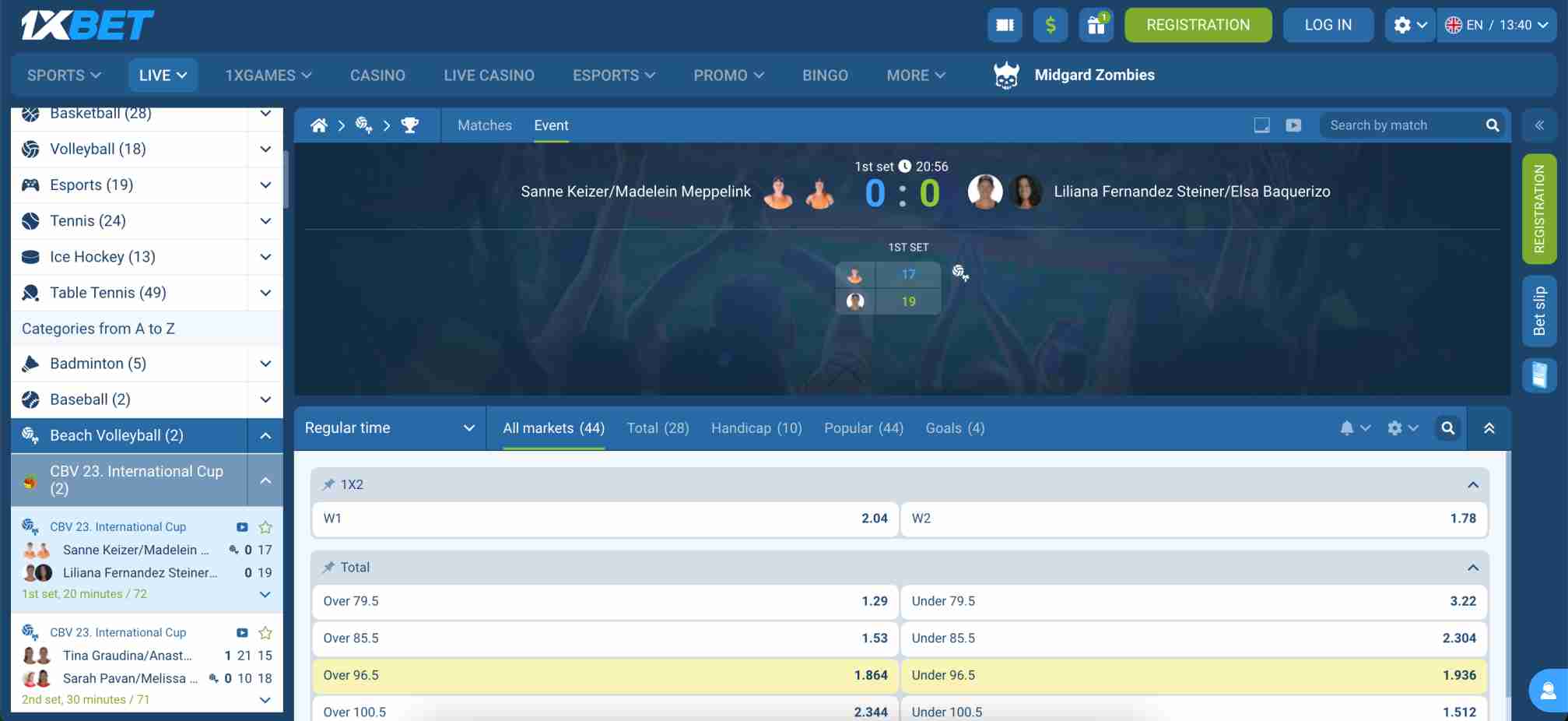 Beach volleyball live betting interface on 1xBet, helpful in understanding account use when asking can I have 2 1xBet accounts.