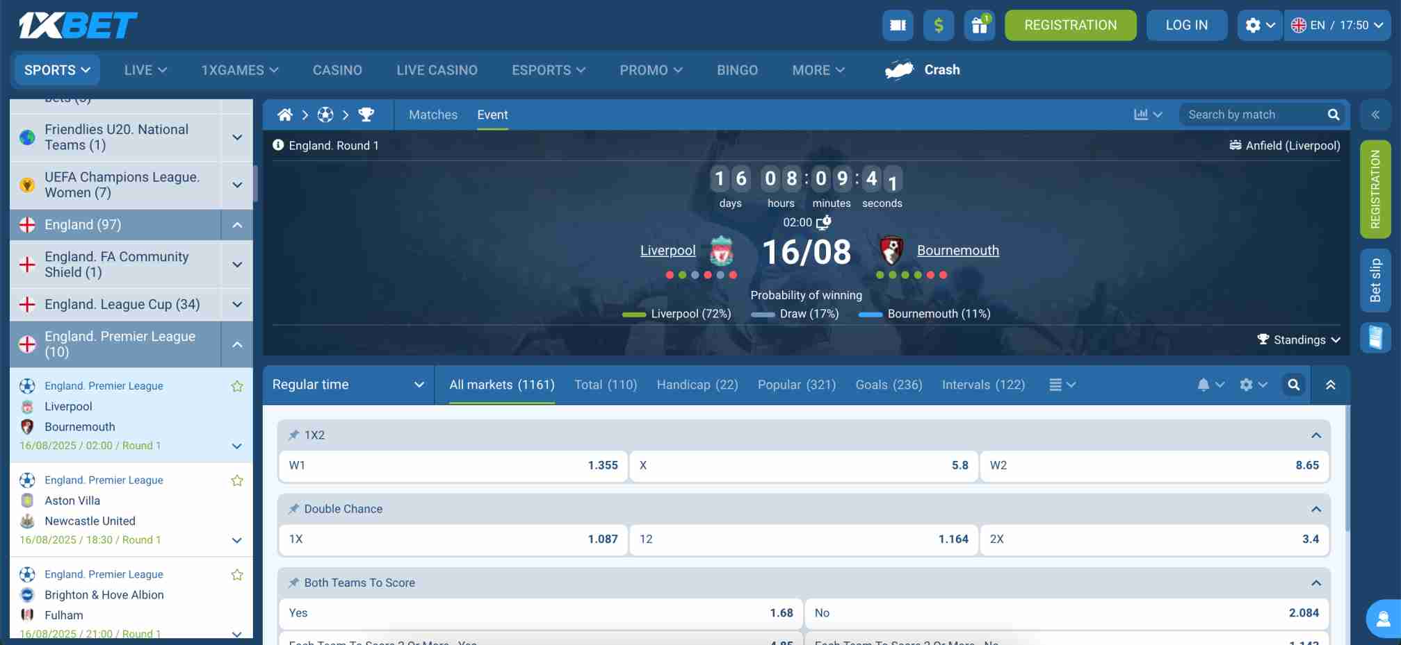 1xBet Premier League betting odds for Liverpool vs Bournemouth, with options for 1X2, Double Chance, and Both Teams to Score, showing the match date and odds.