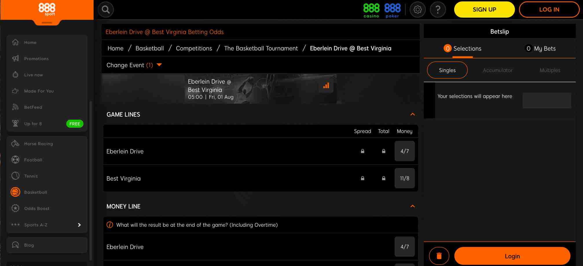 888sport betting odds for Eberlein Drive vs Best Virginia in The Basketball Tournament.