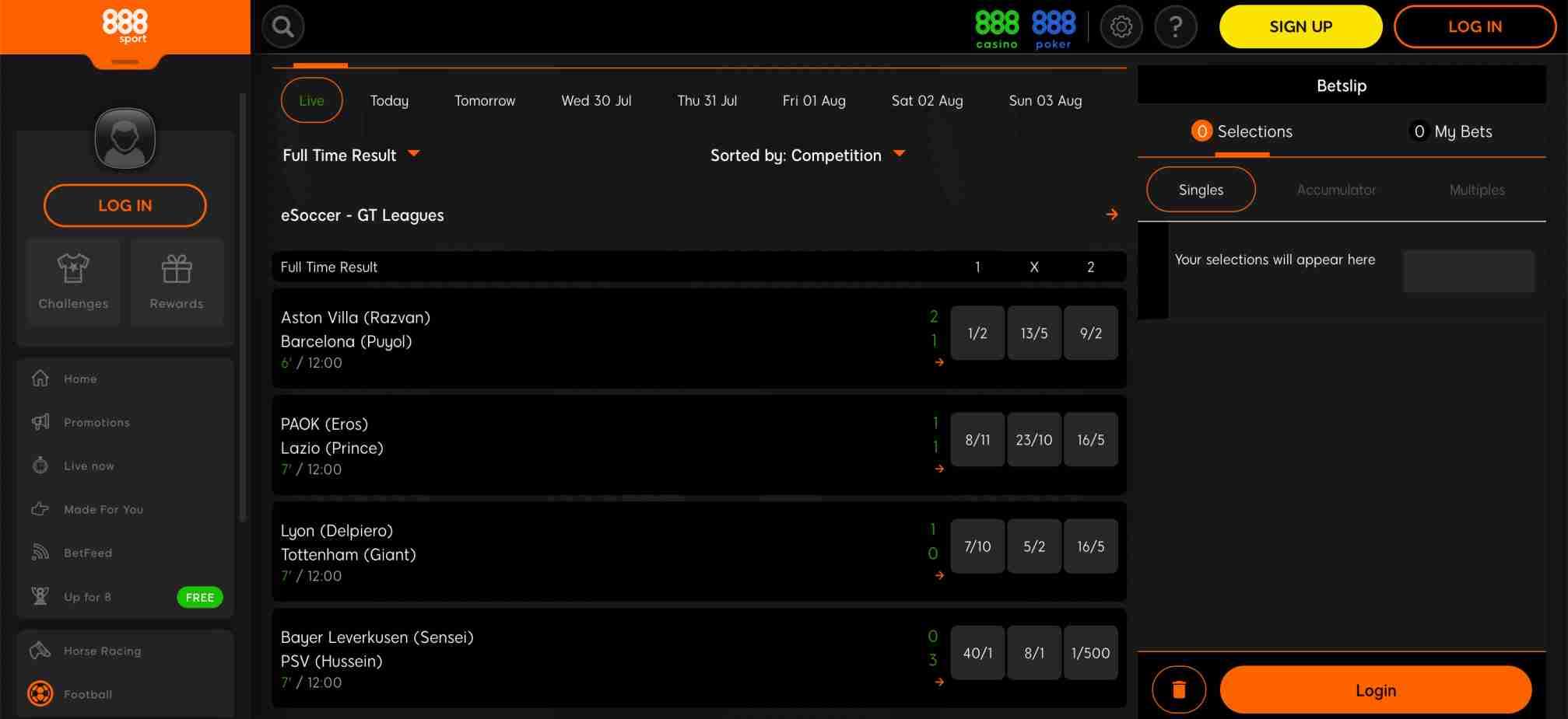 Live eSoccer GT Leagues match odds displayed on 888sport, featuring full time result betting choices for upcoming games.