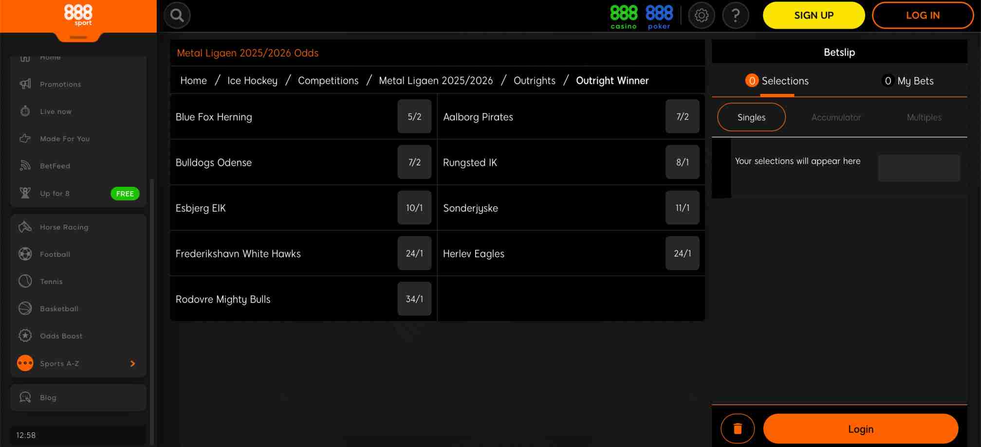 888sport Metal Ligaen 2025/2026 outright winner odds for Danish ice hockey teams, used in an article exploring if 888sport can take money back after cash out.