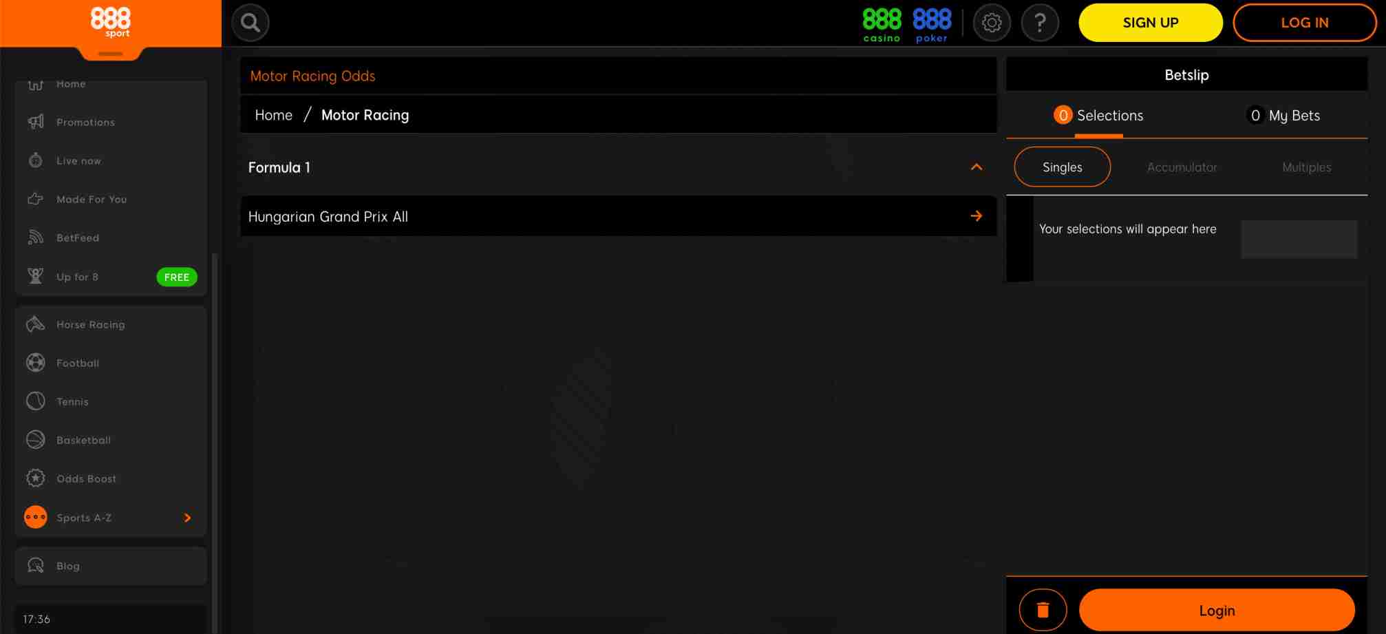 Overview of the motor racing section on 888sport, featuring a navigation menu and access to Formula 1 betting categories.
