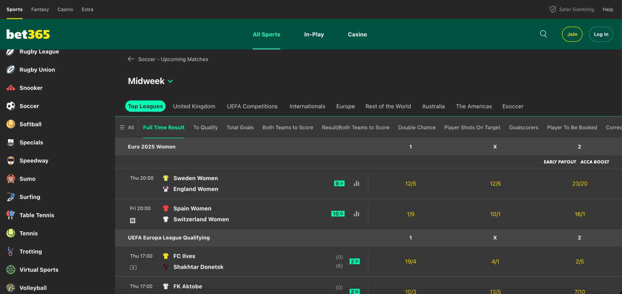 Detailed Bet365 full-time result odds display for Euro 2025 Women, offering context on how bets are categorized, which may relate to whether a header counts as a shot on Bet365.
