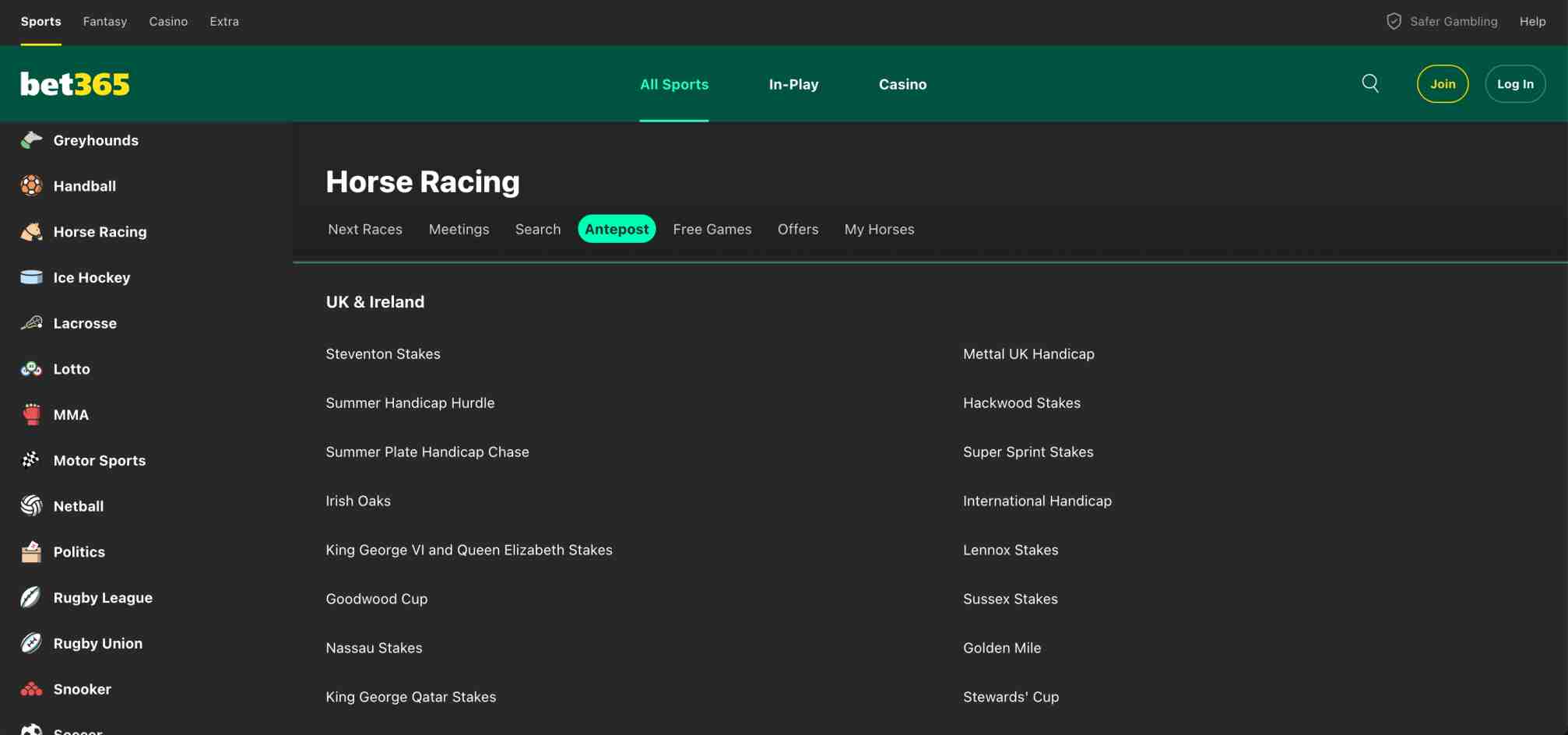 Bet365 antepost horse racing page displaying upcoming UK and Ireland race listings including Irish Oaks and Goodwood Cup.
