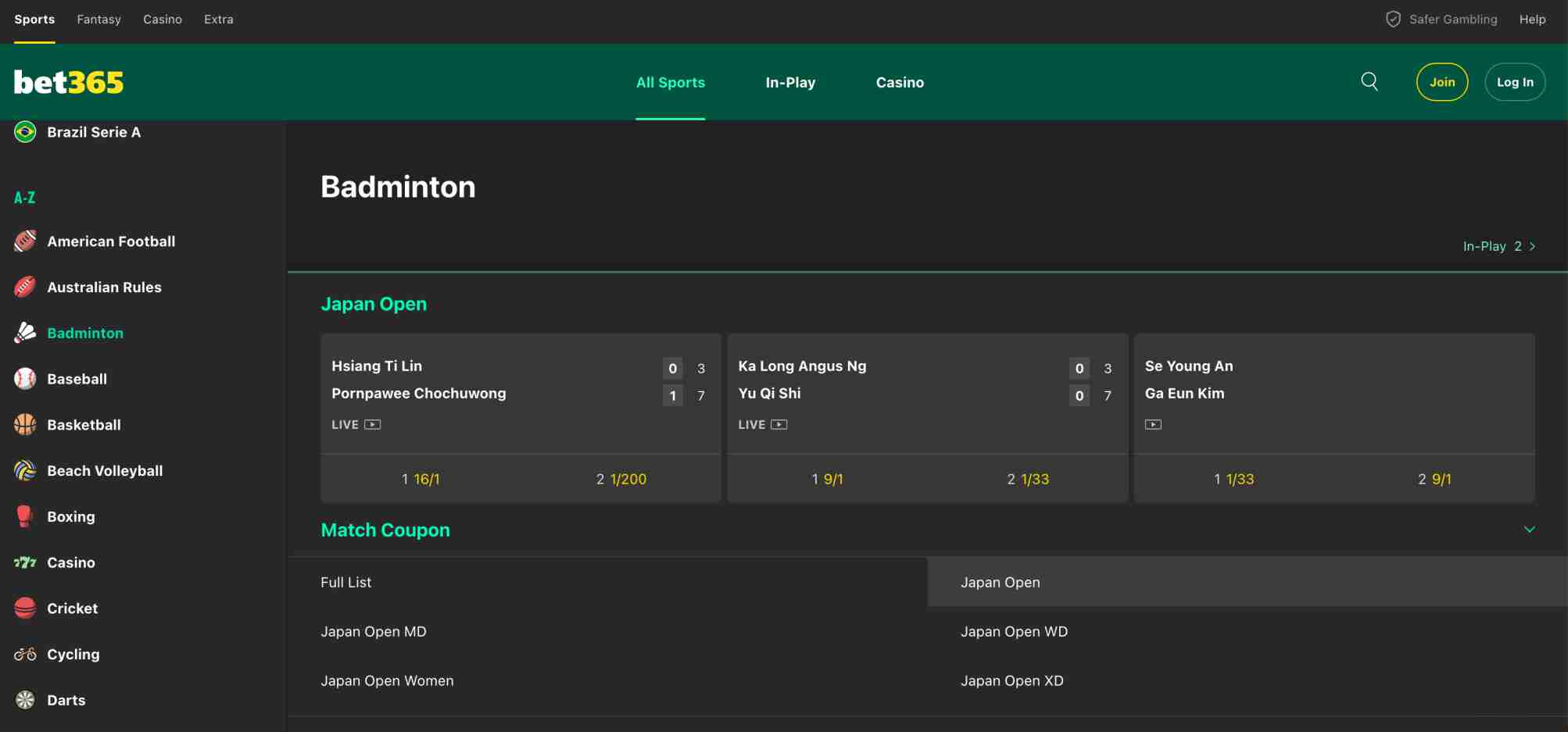 Live view of the Bet365 badminton section featuring Japan Open matches and odds, illustrating the platform’s live betting interface.