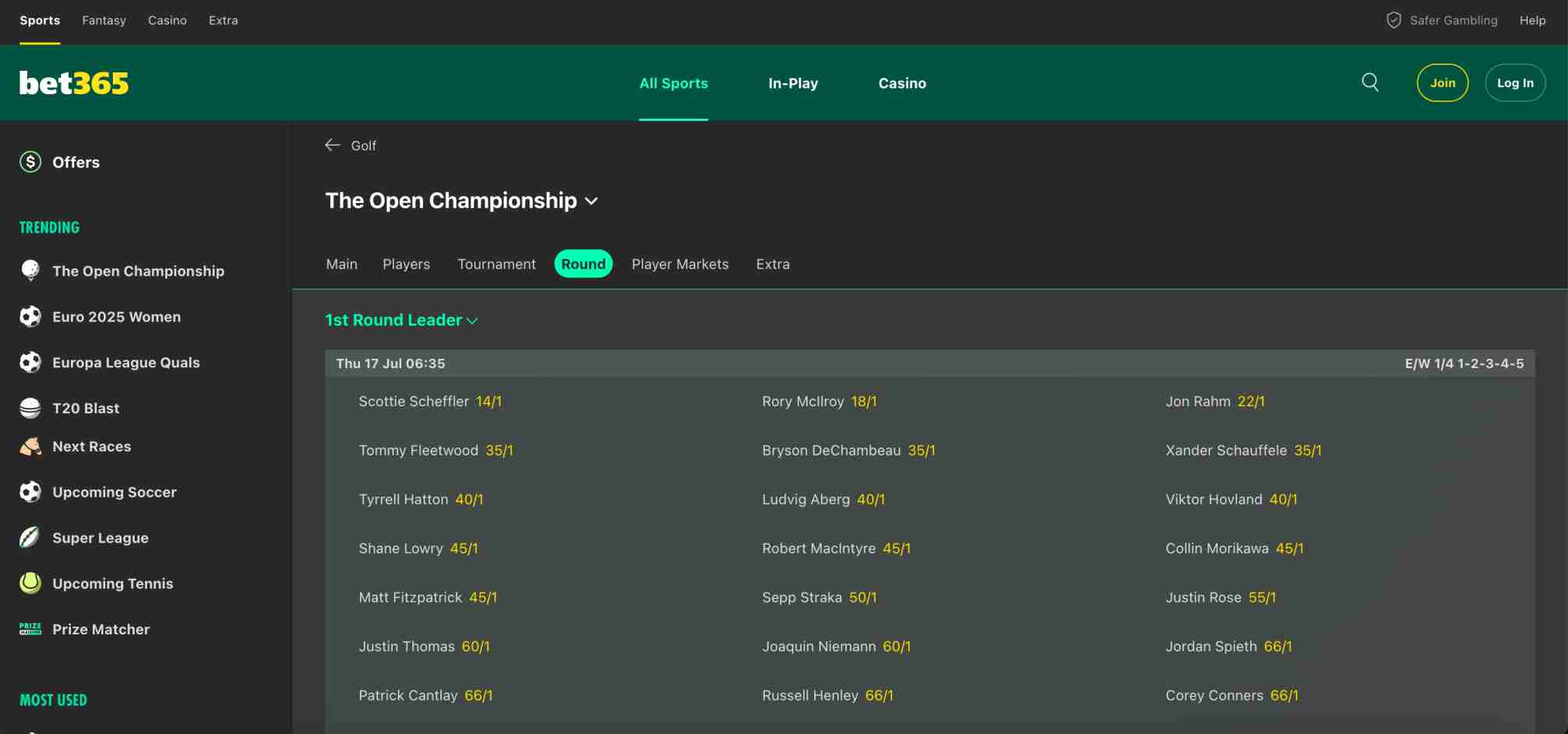 Golf odds for The Open Championship on Bet365—can Bet365 refuse to pay out on round leaders?
