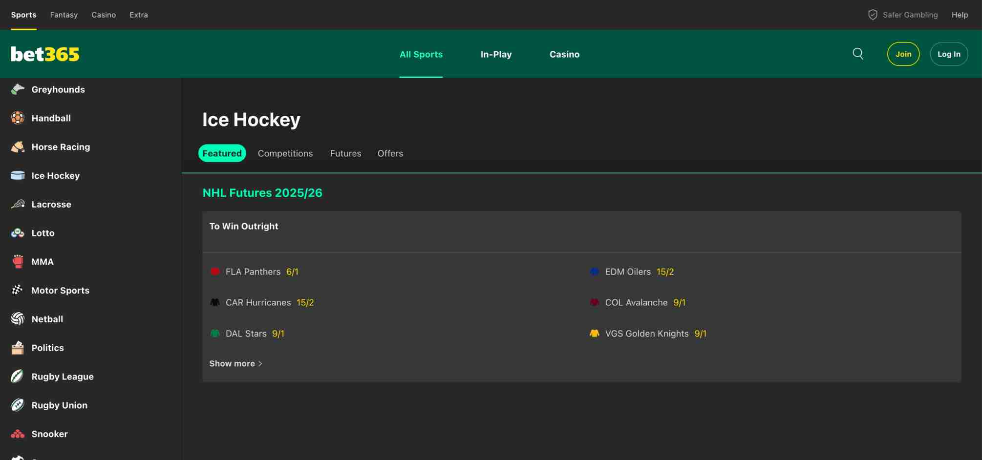 Bet365 NHL Futures 2025/26 betting screen featuring outright odds for teams like FLA Panthers and EDM Oilers, illustrating how bet credits work Bet365 on long-term wagers.