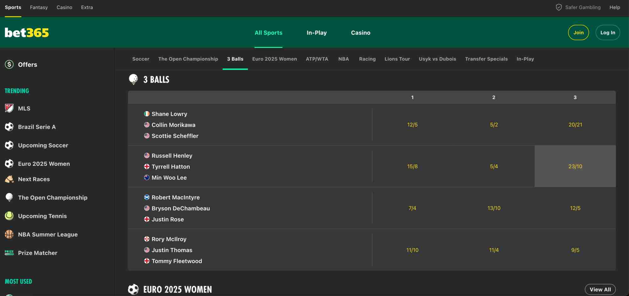 Bet365 interface displaying 3 Balls betting odds for major golf players, relevant when exploring if Bet365 works in Spain.