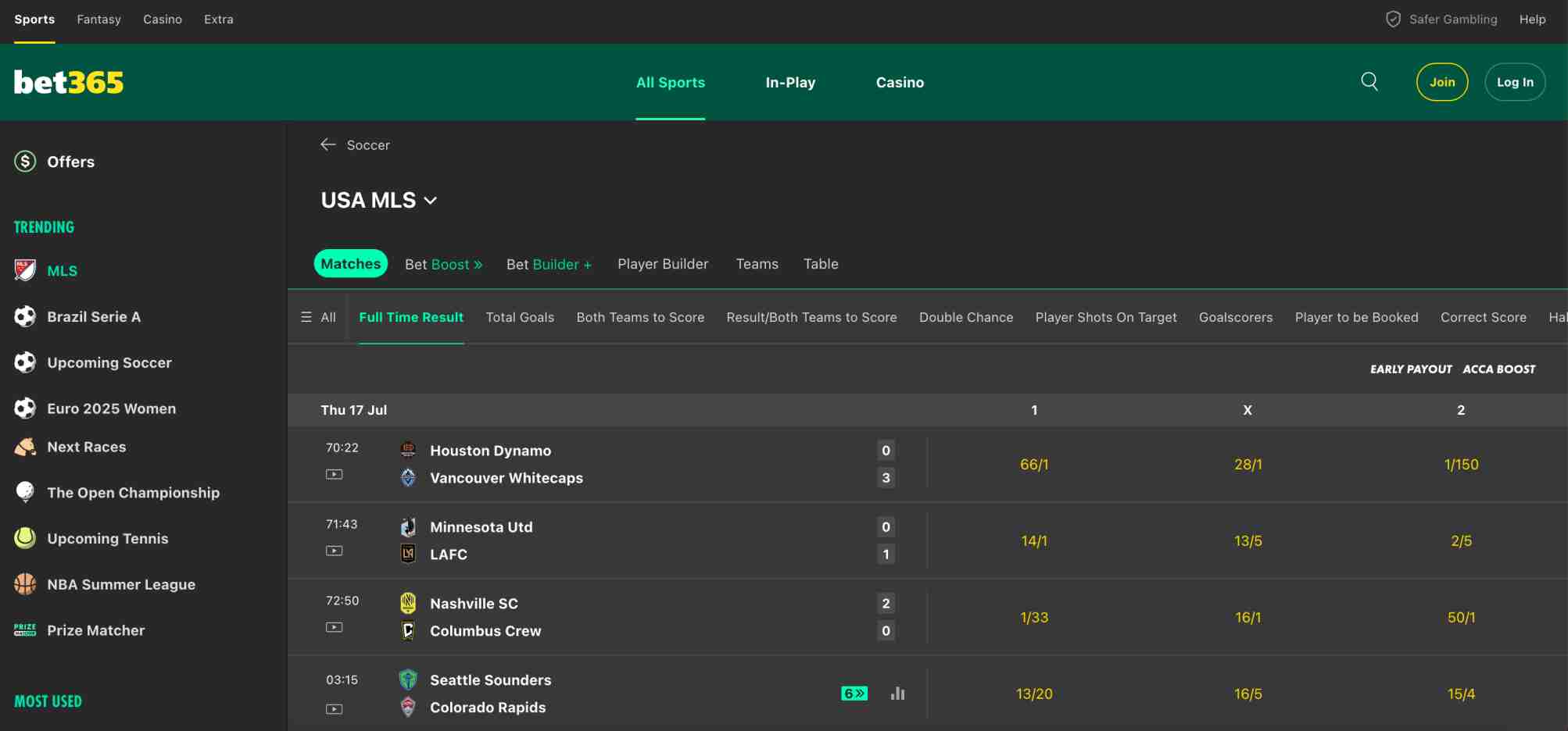 Live Bet365 USA MLS betting dashboard with match updates and odds, relevant when asking does Bet365 have instant withdrawal options during gameplay.