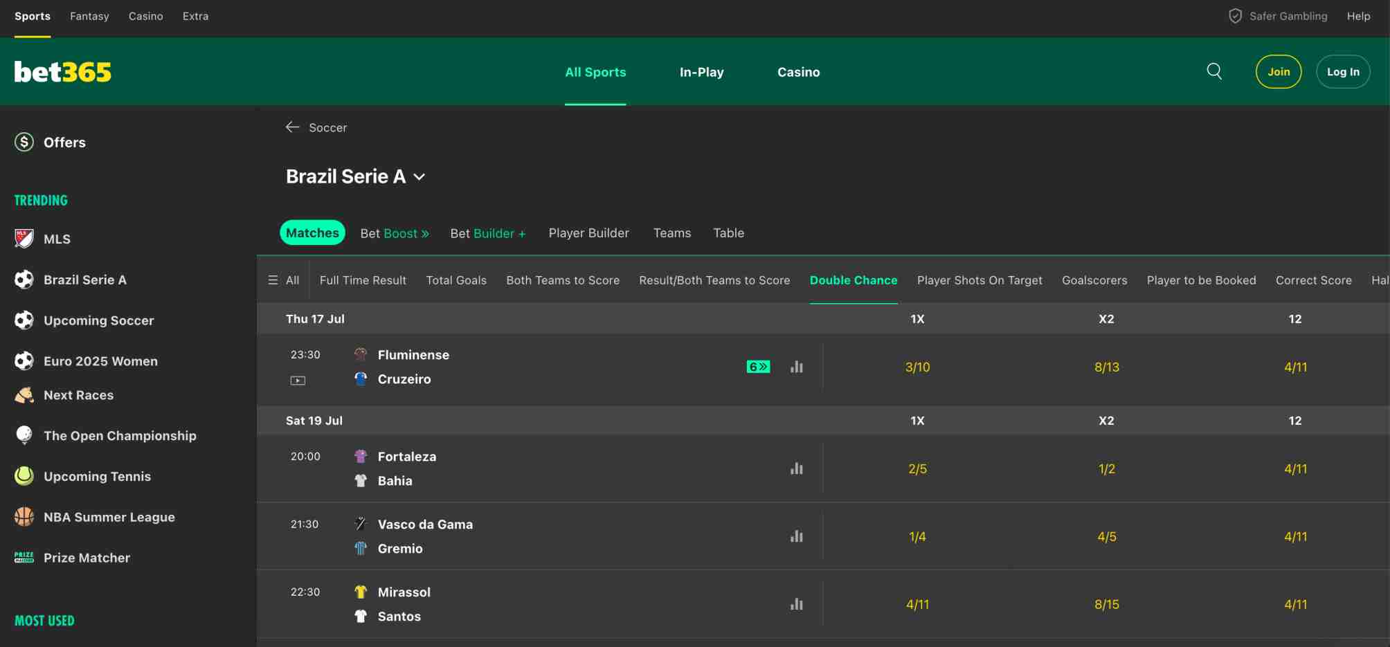 Brazil Serie A football betting odds displayed on Bet365, illustrating soccer match options and features for users questioning is Bet365 legal in India.