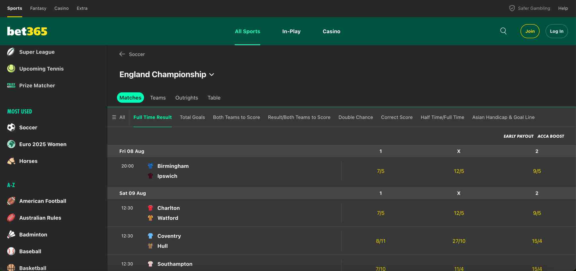 View of Bet365 England Championship betting odds interface with upcoming matches and betting markets including the Bet365 what is double chance category.
