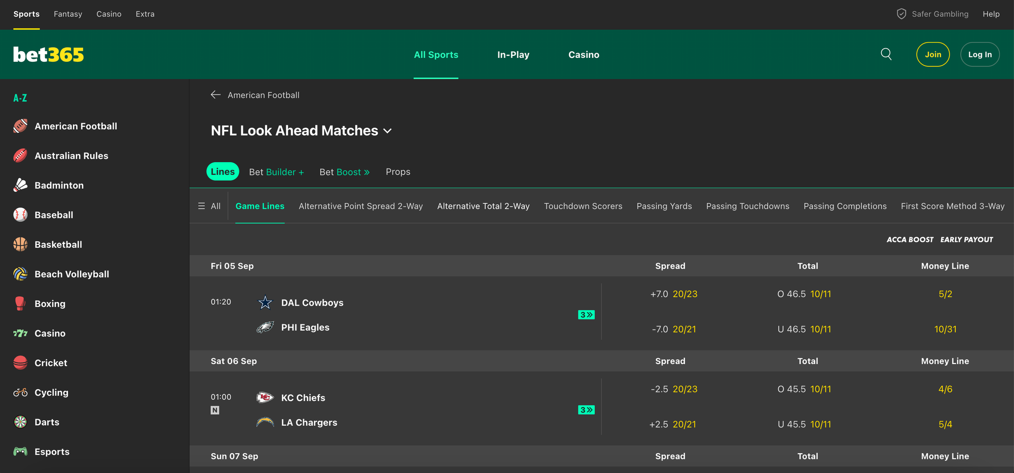 Upcoming NFL match odds on Bet365, relevant to how cash out works and if Bet365 can take money back.