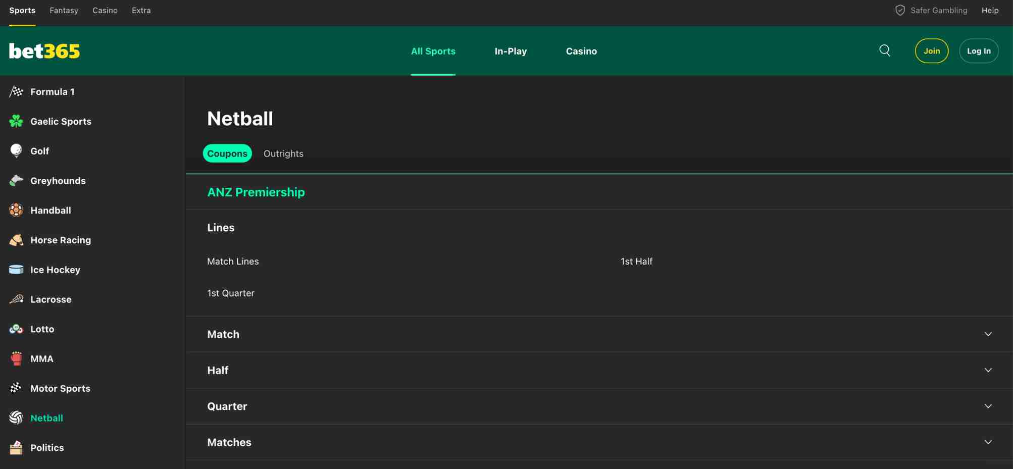 Bet365 netball betting interface for ANZ Premiership lines, showing match and quarter options where cash out may be restricted.