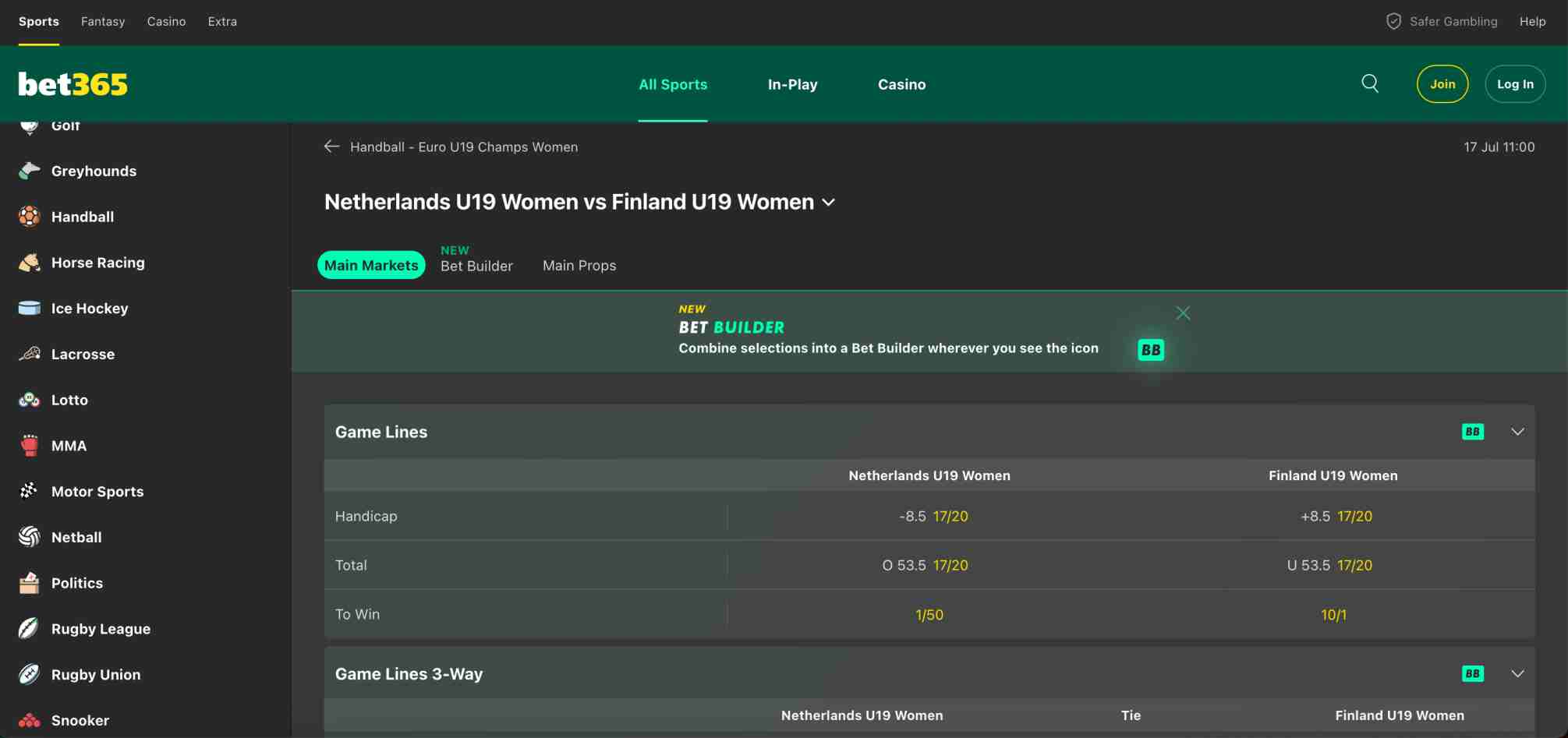 Detailed odds for Netherlands U19 Women vs Finland U19 Women on Bet365, useful when researching how long does Bet365 withdrawal take NZ.