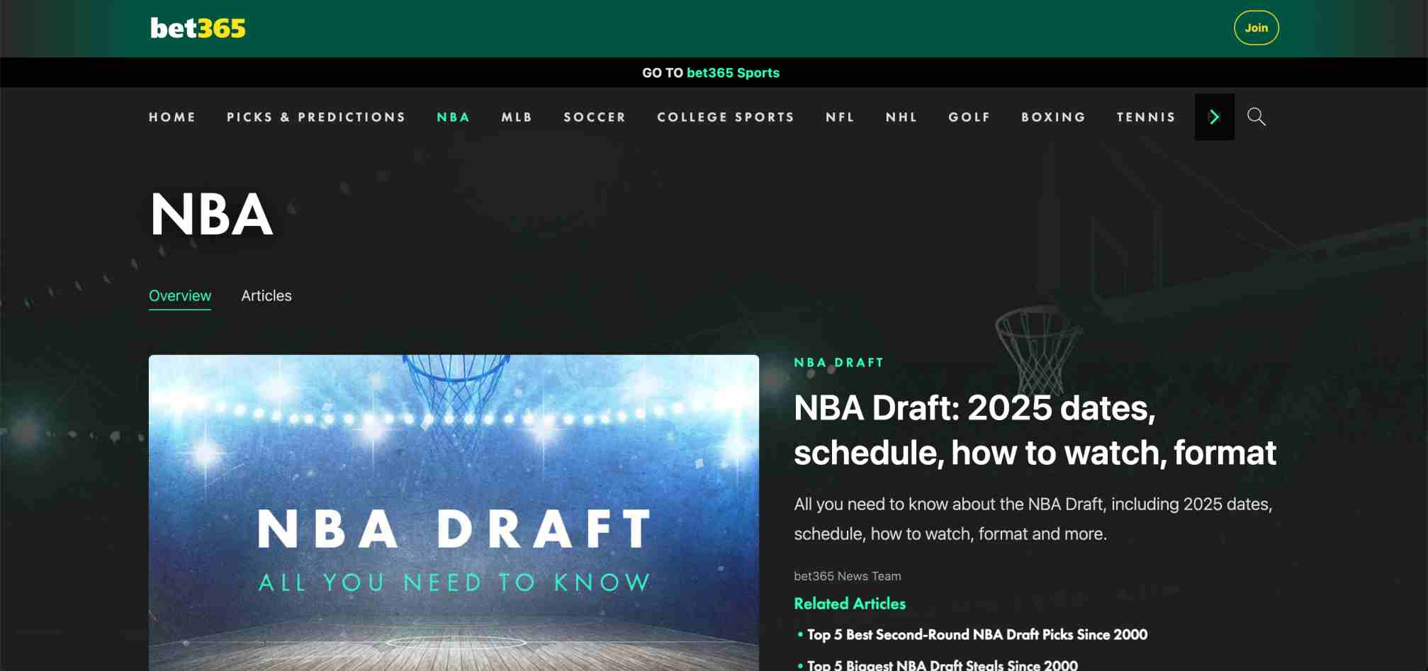 Bet365 NBA Draft 2025 page showing dates and details, highlighting sports betting coverage related to Tennessee legality discussions.