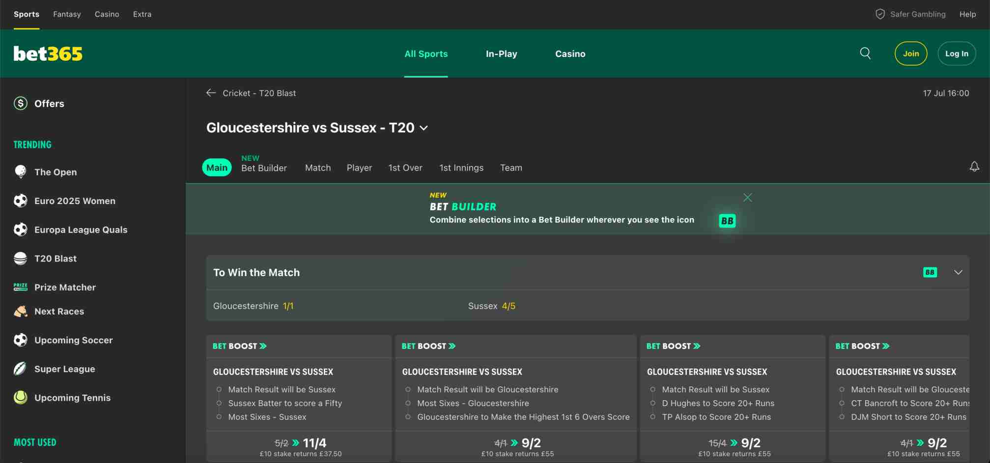 Detailed Bet365 interface for the Gloucestershire vs Sussex T20 match, highlighting bet builder features and boosted odds options.