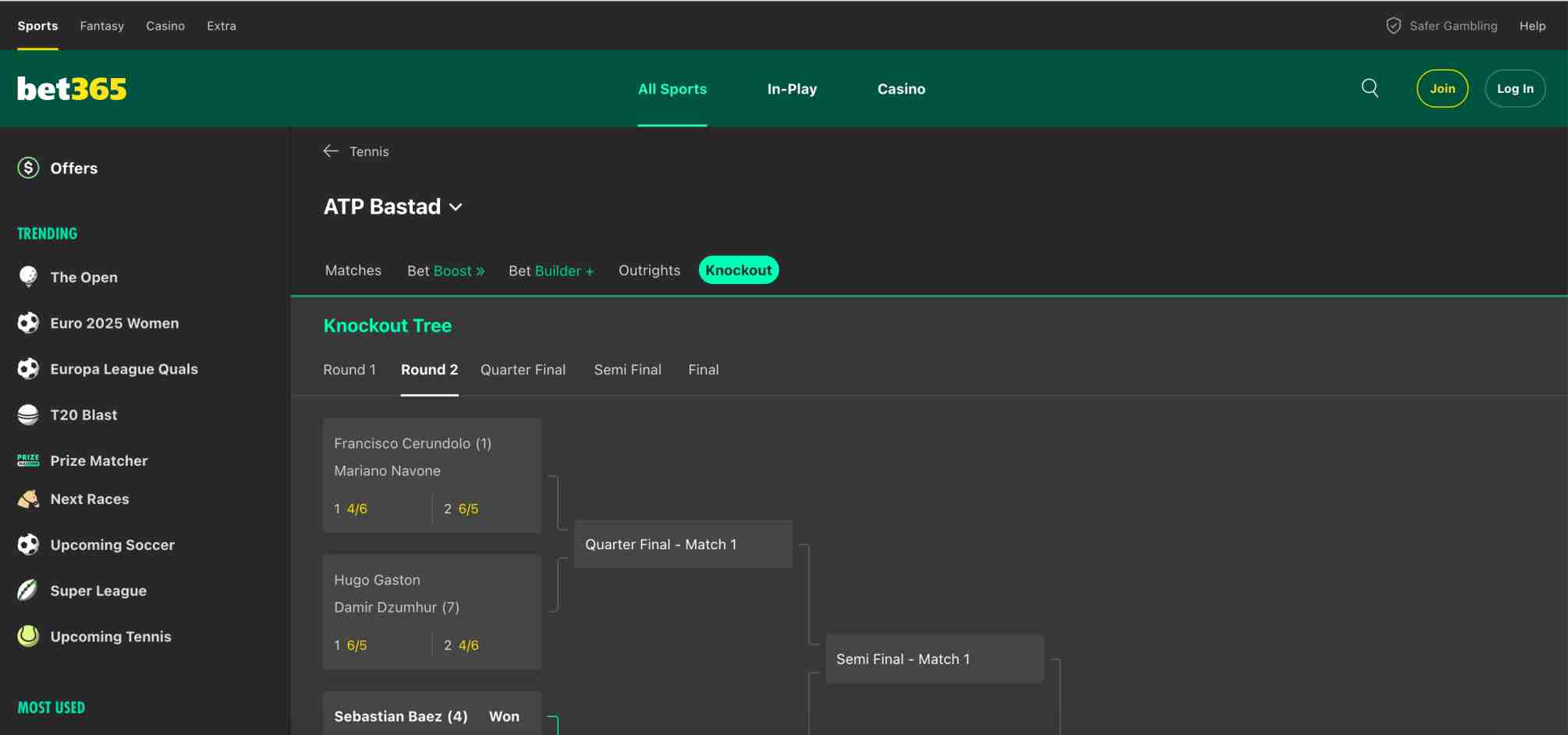 Knockout stage bracket from the ATP Bastad tournament on Bet365, illustrating live tennis betting scenarios and outcomes.