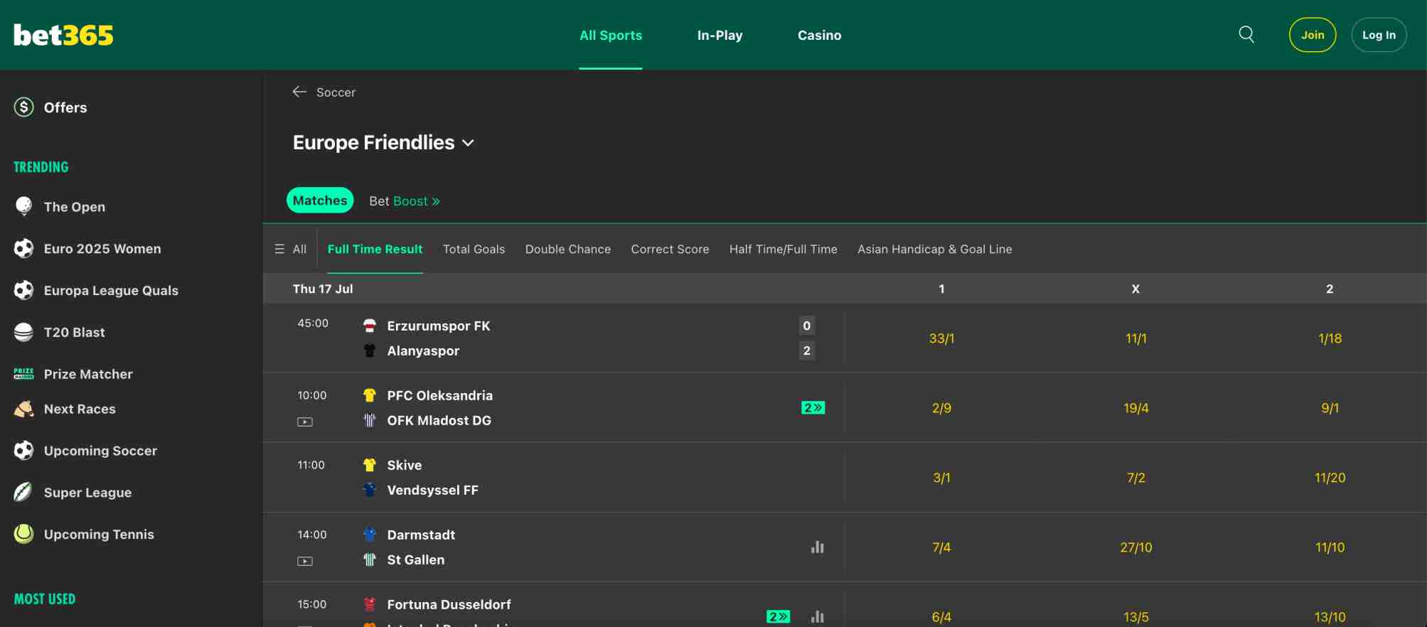 Bet365 Europe Friendlies betting interface displaying multiple soccer matches and odds, highlighting how betting markets appear before outcomes or potential player injuries.