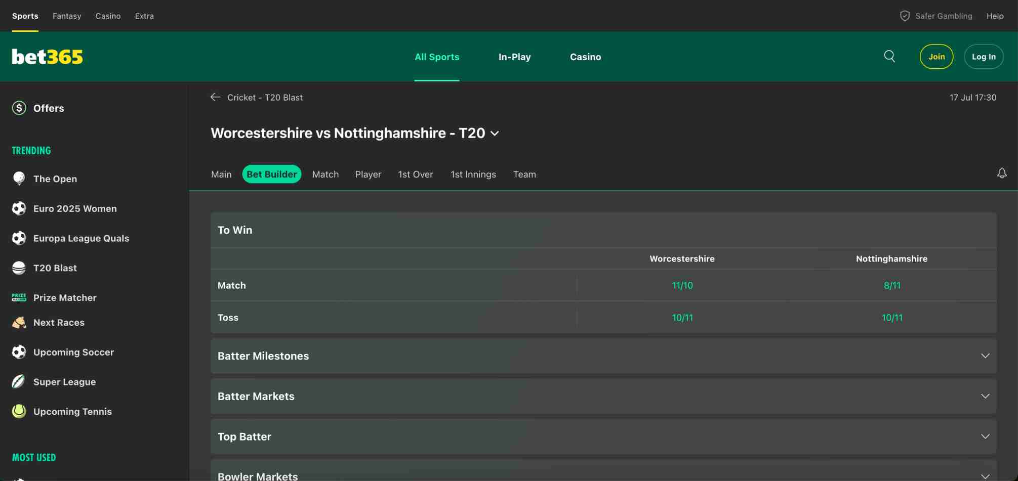 Bet365 odds for Worcestershire vs Nottinghamshire T20. Useful for what happens if a cricket match is tied in Bet365.