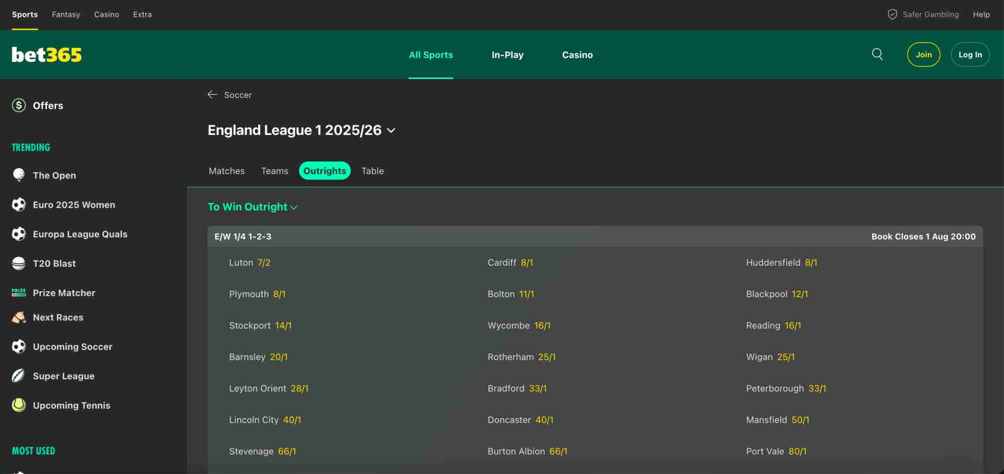 Bet365 England League 1 2025/26 outright winner odds list—displaying future betting markets and team prices.