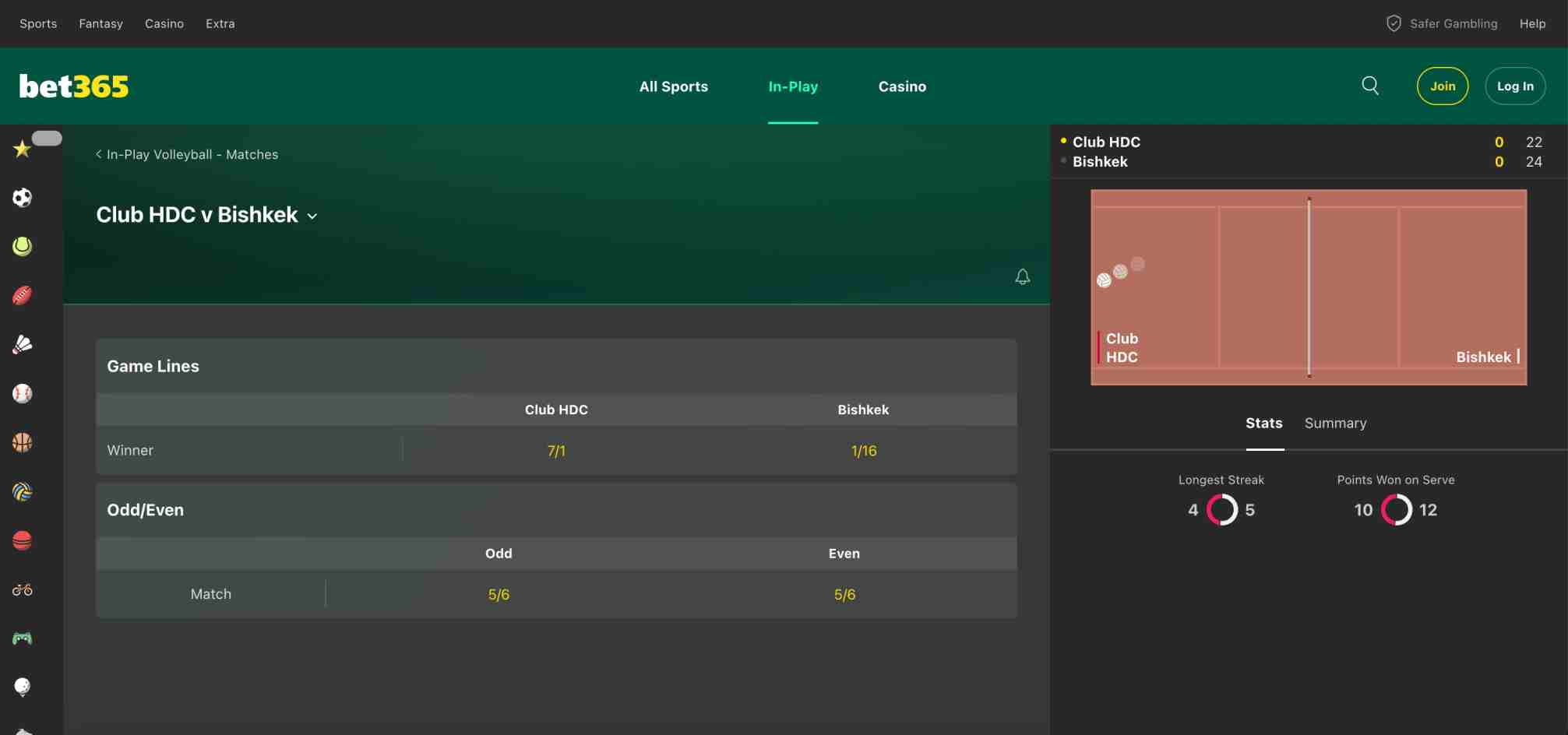 Live in-play volleyball match between Club HDC and Bishkek on Bet365 with game stats and betting odds visible, relevant to users asking 'Bet365 can I withdraw to a different card'.