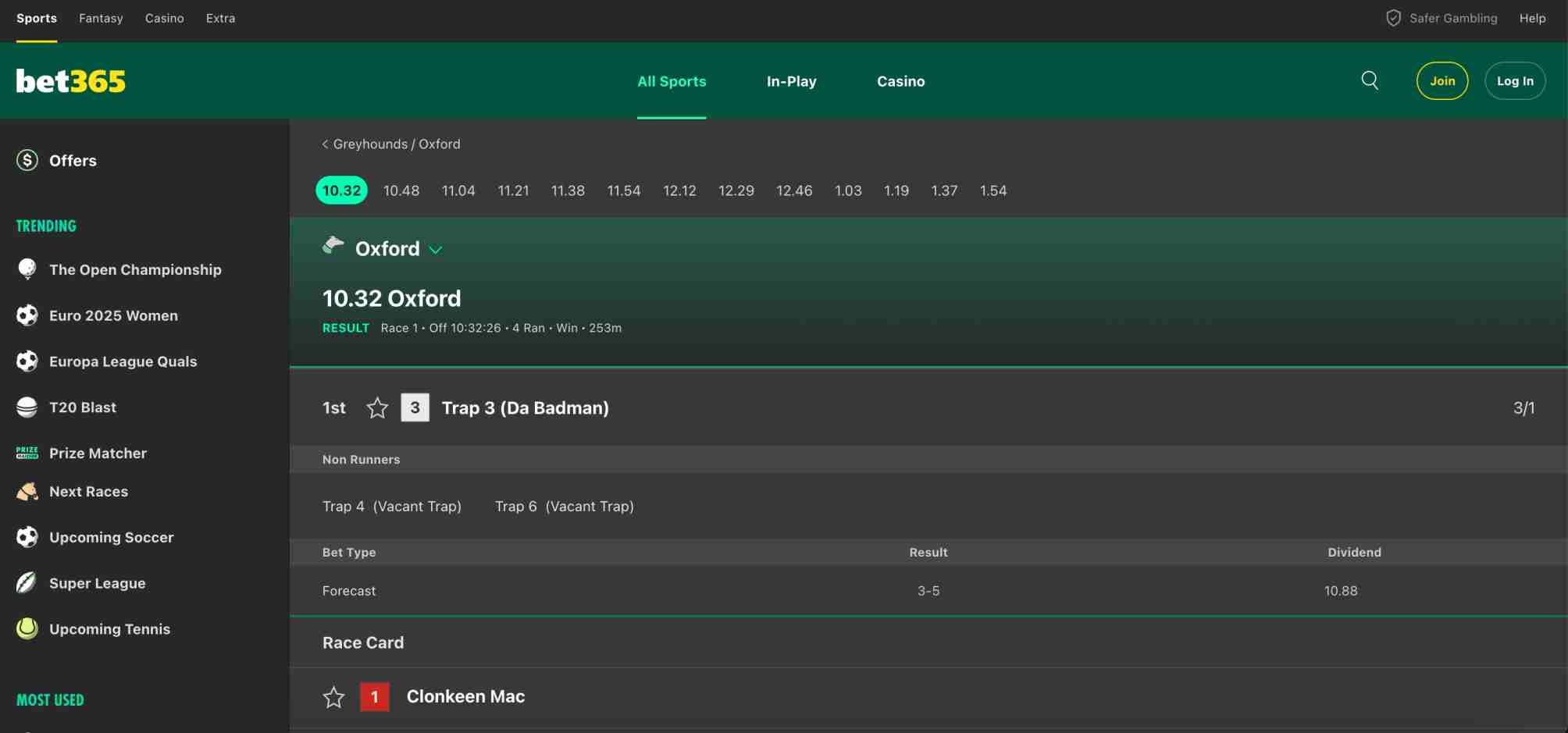 Bet365 interface showing completed greyhound race results at Oxford, highlighting betting outcomes and race card details.