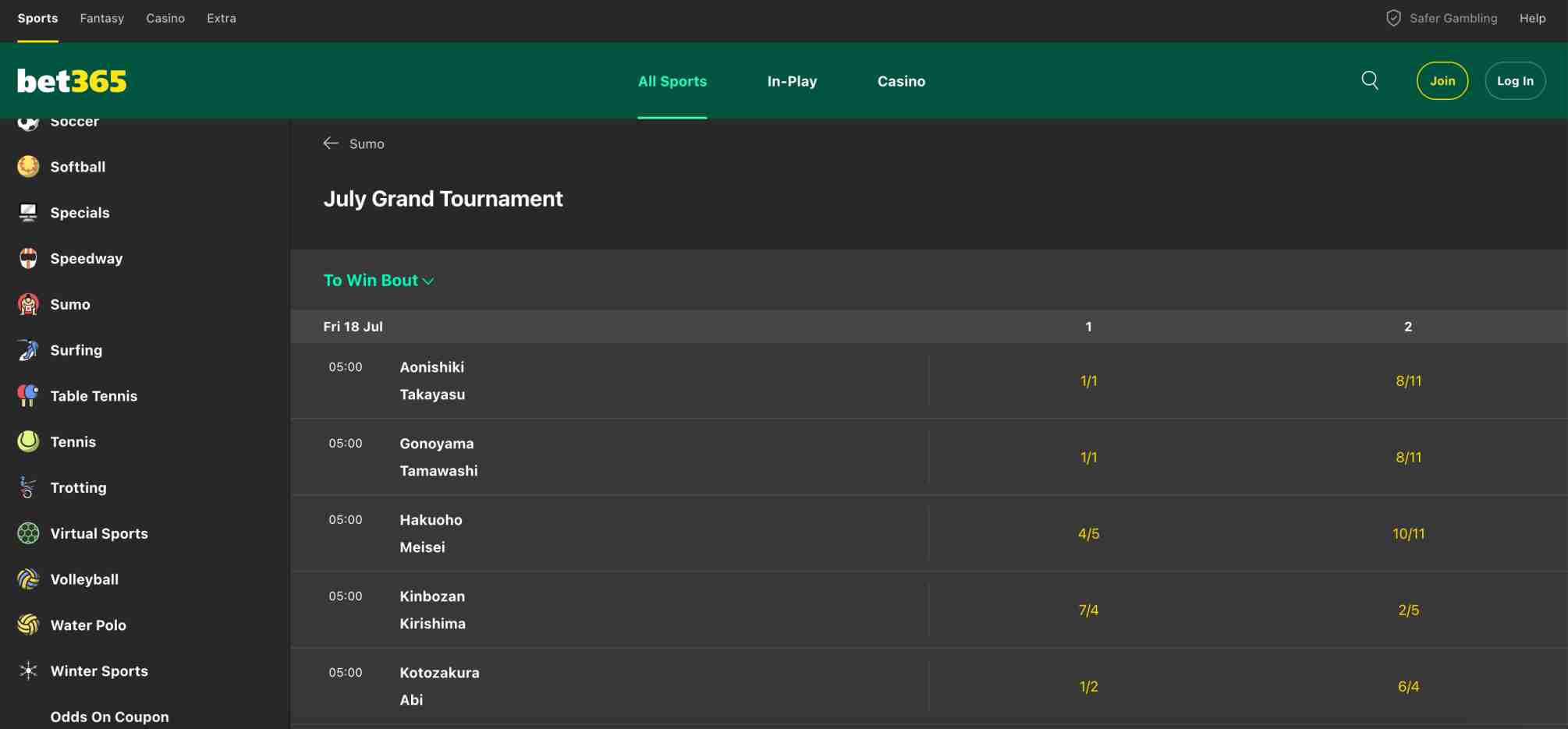 Bet365 interface showing sumo wrestling odds for the July Grand Tournament, a feature accessible after account deposit—such as with Revolut.