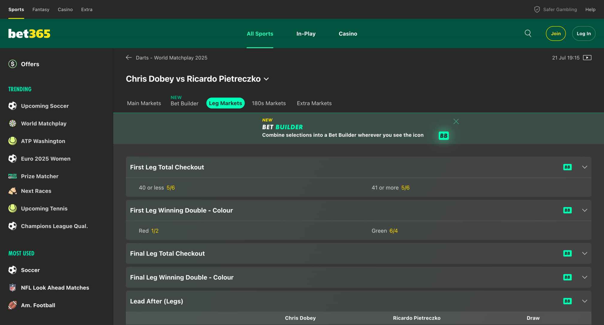 Bet365 match markets for Chris Dobey vs Ricardo Pietreczko.
