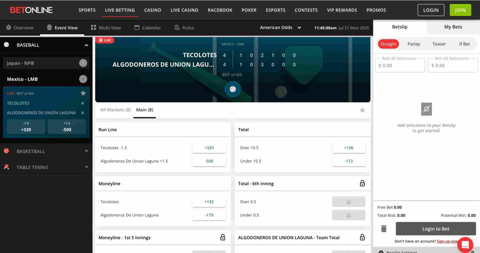 Live baseball betting screen on BetOnline featuring Tecolotes vs Algodoneros, useful for users exploring if BetOnline supports JazzCash in Pakistan.
