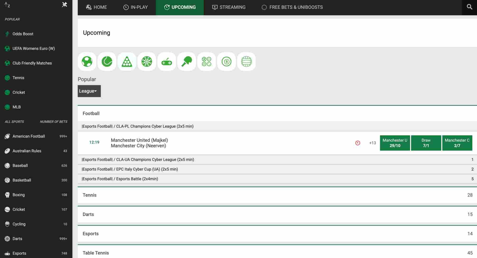 Upcoming Unibet bets including eSports and football matches, highlighting the platform’s active betting events which some users may struggle to access due to a Unibet Interac deposit problem.