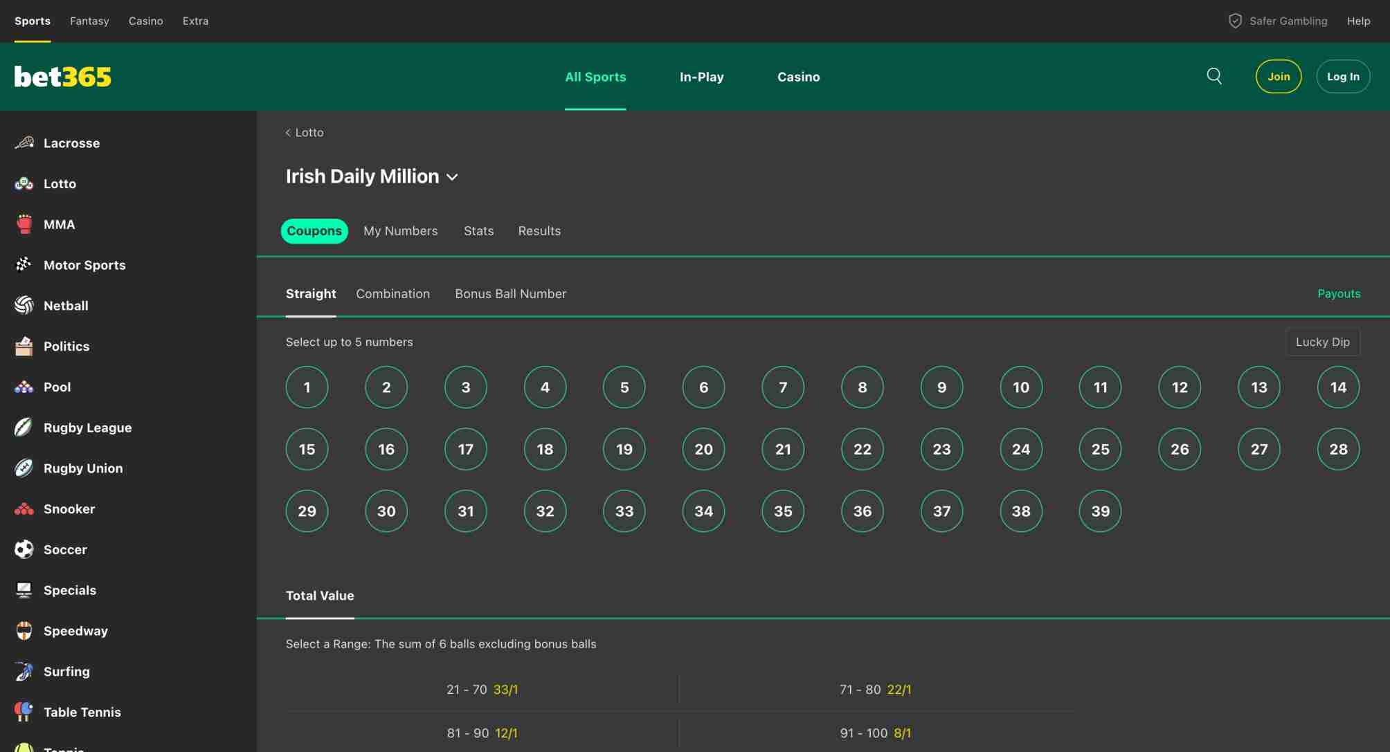 Bet365 Irish Daily Million lottery number selection interface, relevant for users in Bangladesh using Neteller for deposits.
