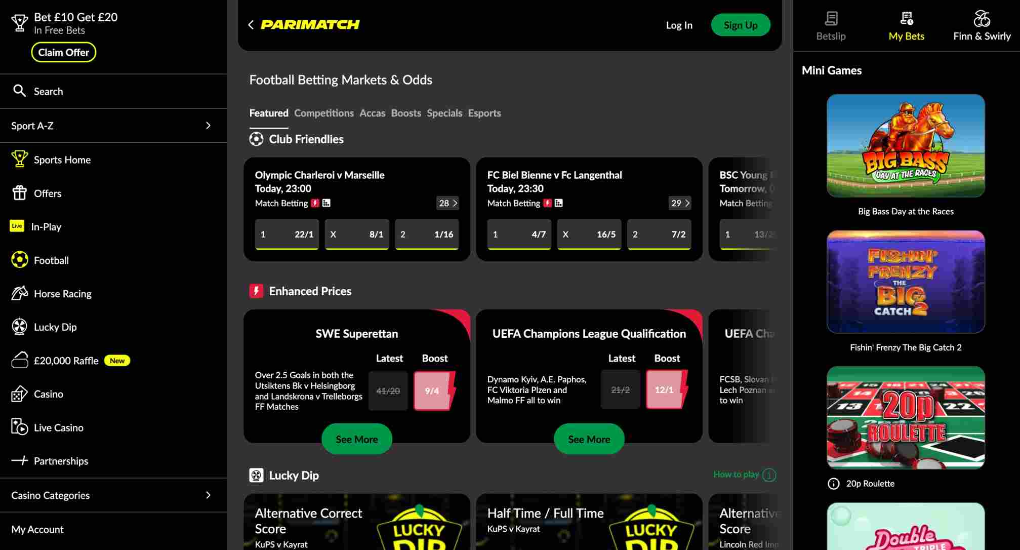Parimatch football odds screen showing betting options and Revolut query.