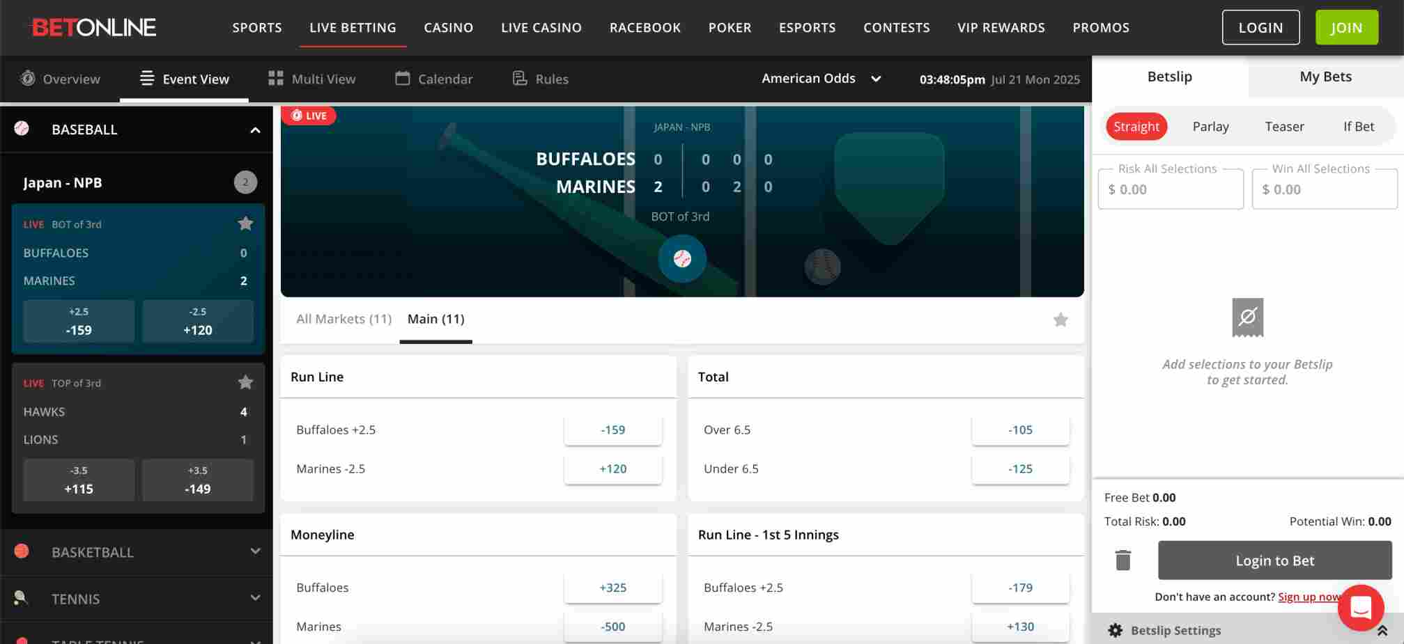 Live BetOnline Japan NPB game view, helpful when exploring what is BetOnline enhanced verification.