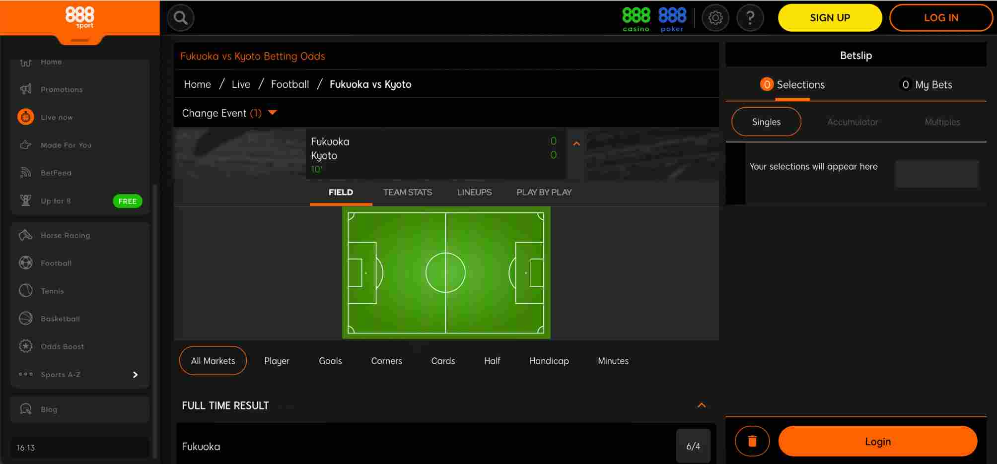 Live football match betting screen on 888sport featuring Fukuoka vs Kyoto with odds and field view display.