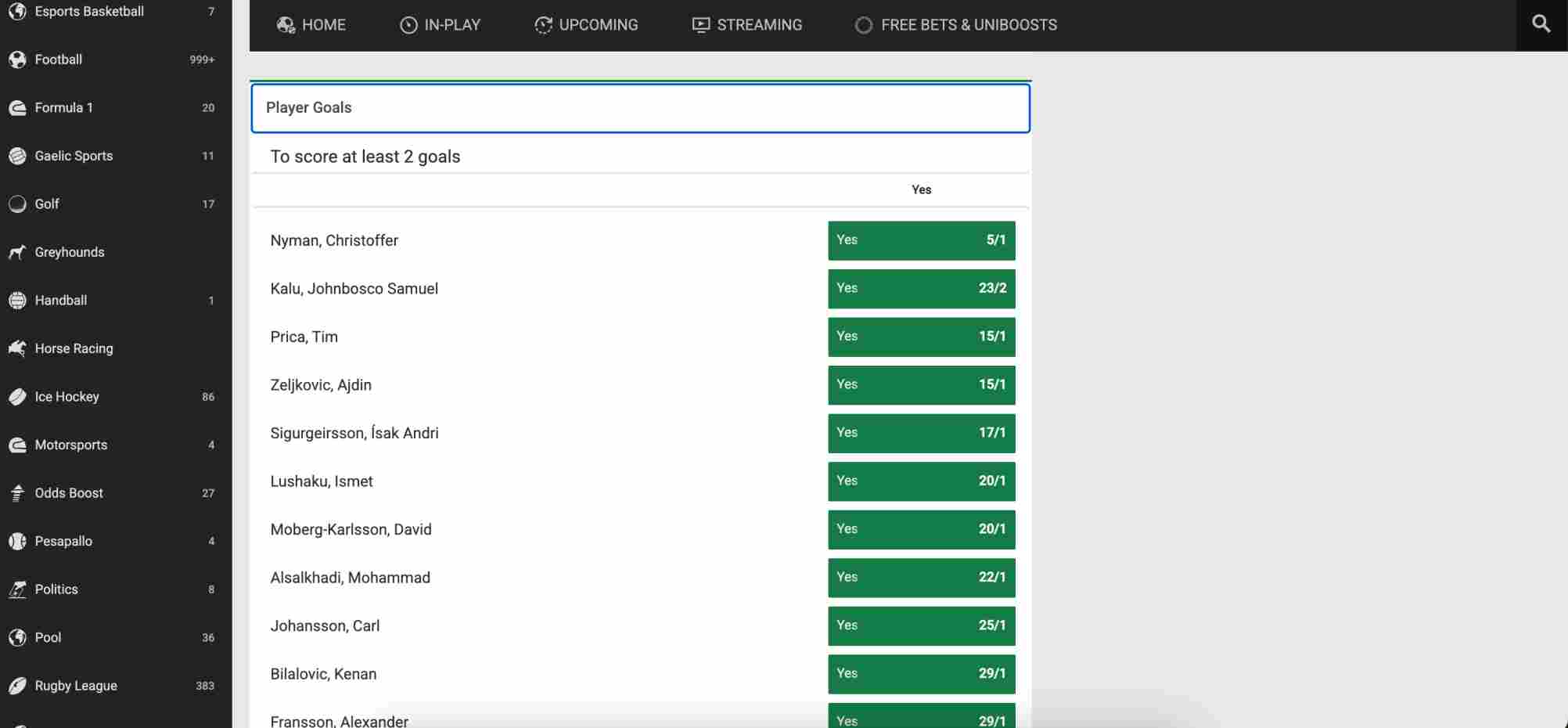 Unibet player goal odds showing selections to score 2+ goals in a football match.