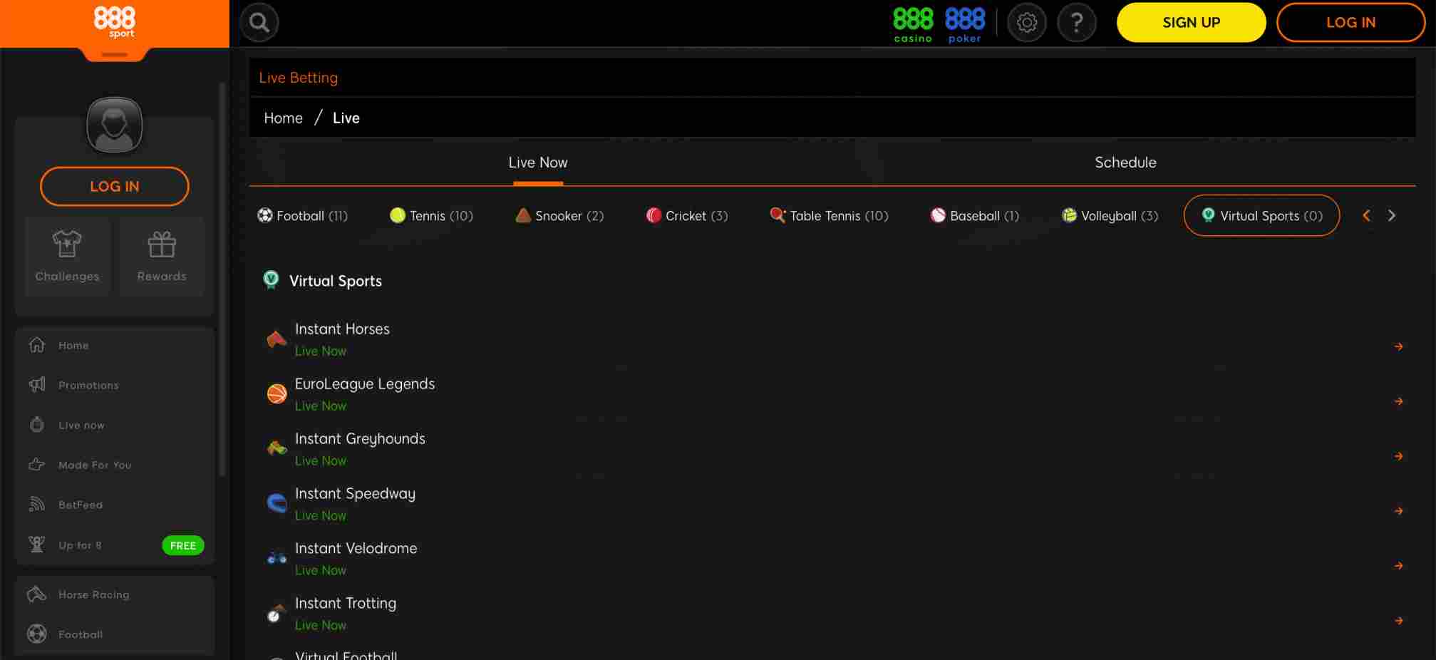 888sport live betting screen showing available sports and virtual events, including football, tennis, and instant games, with a clean layout for easy navigation.