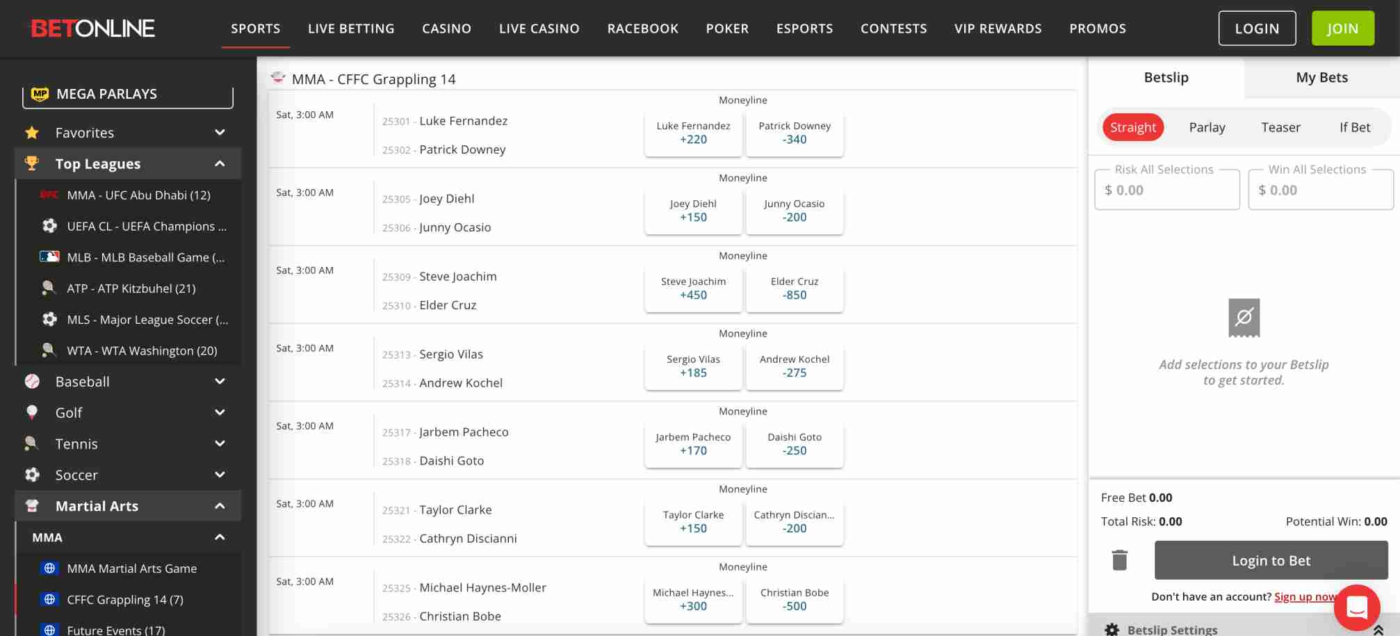 Betting interface for MMA on BetOnline, displaying odds and betting options—relevant for understanding how BetOnline works and whether it accepts Chime.