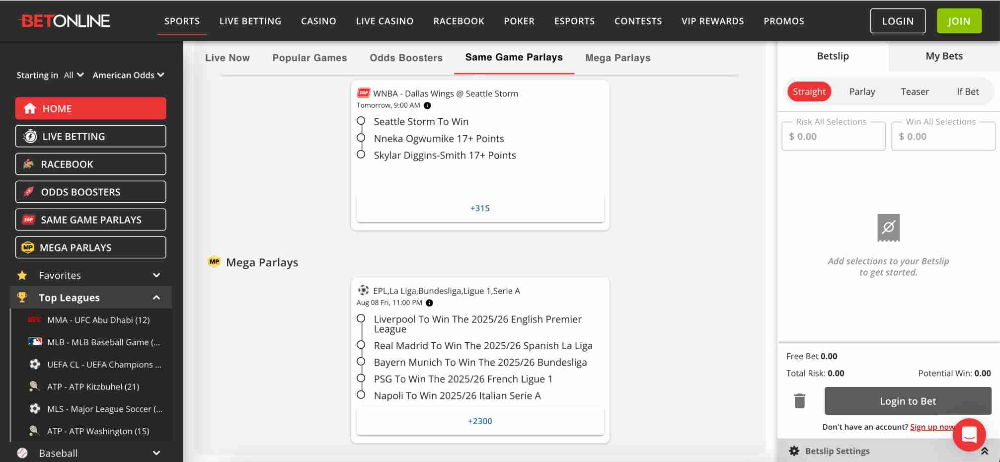 BetOnline parlay options screen showing how bet credits work BetOnline.