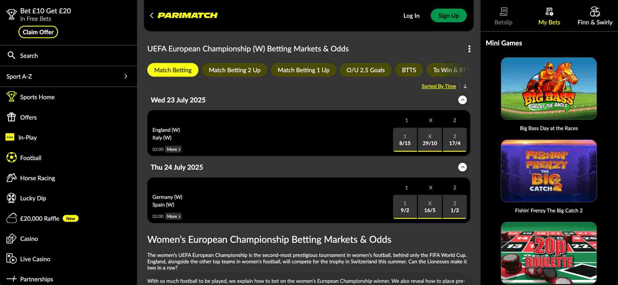 Parimatch betting markets for Women’s Euro 2025 matches.