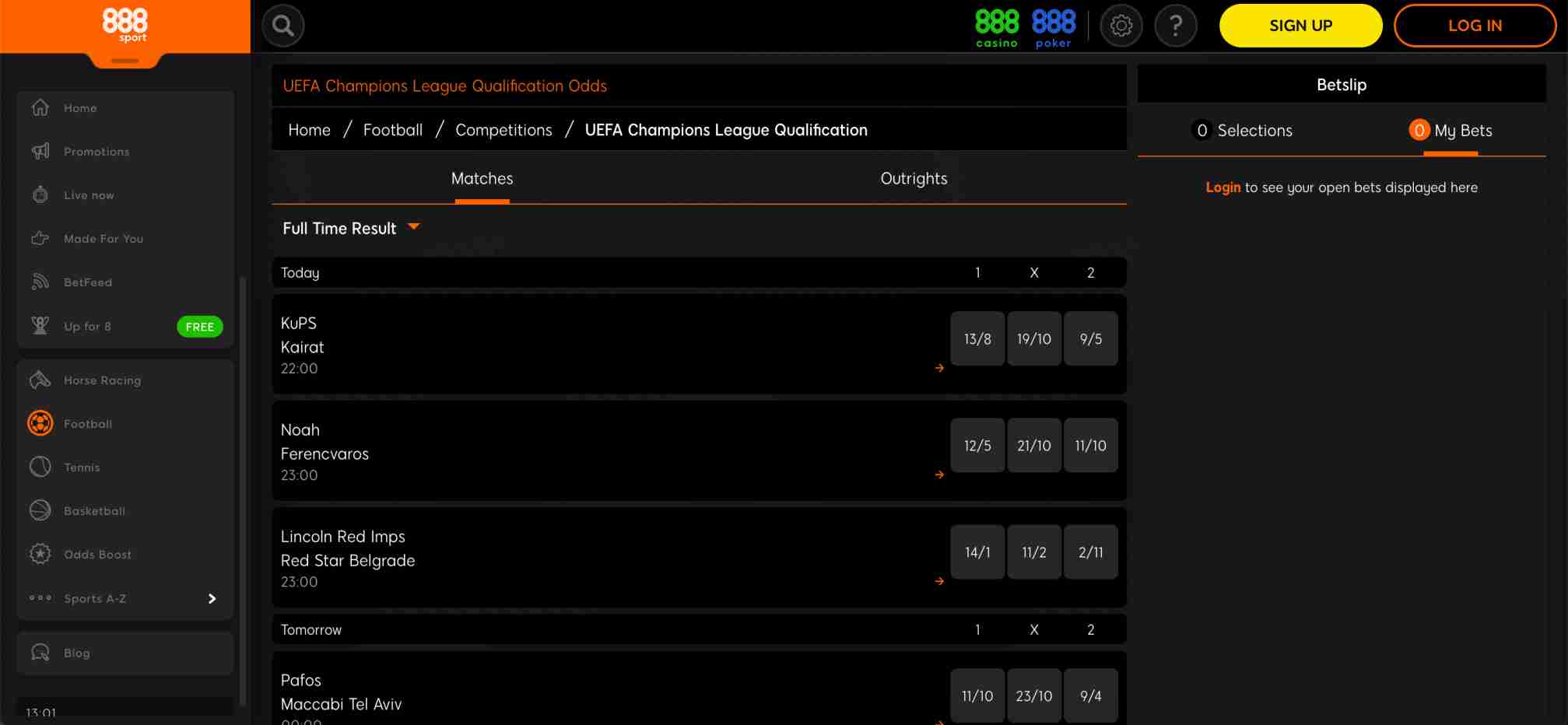 888sport UEFA Champions League qualification odds screen showing full-time result betting options for multiple teams
