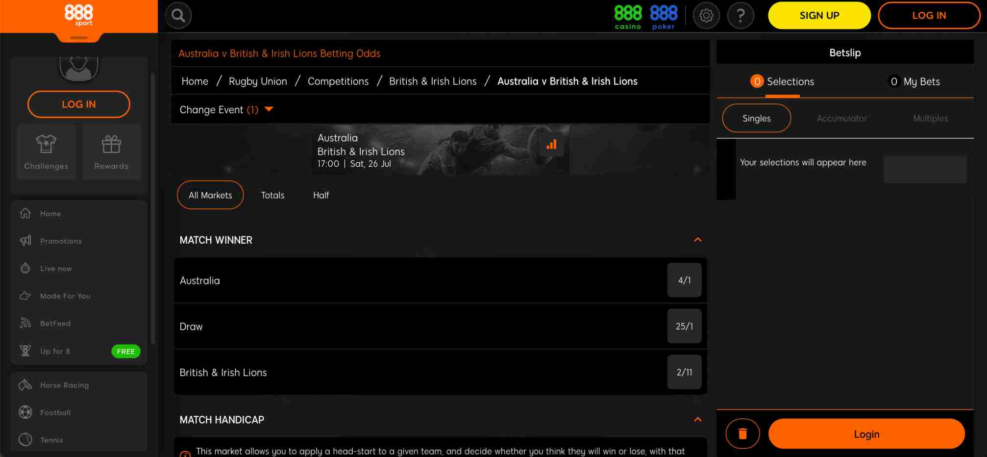 888sport betting odds screen for Australia vs British & Irish Lions match, illustrating the platform’s features while exploring if 888sport is legal in India.