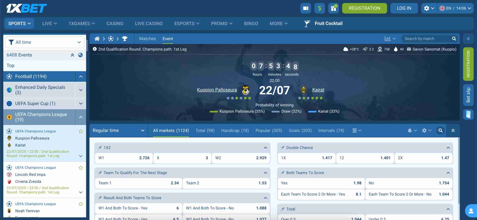 Detailed betting interface on 1xBet for a UEFA Champions League match, illustrating market options and payout possibilities.