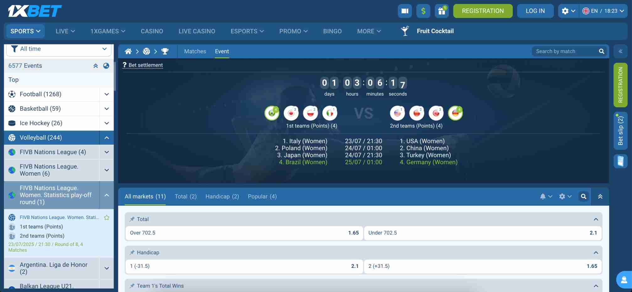 1xBet volleyball event odds and markets display.