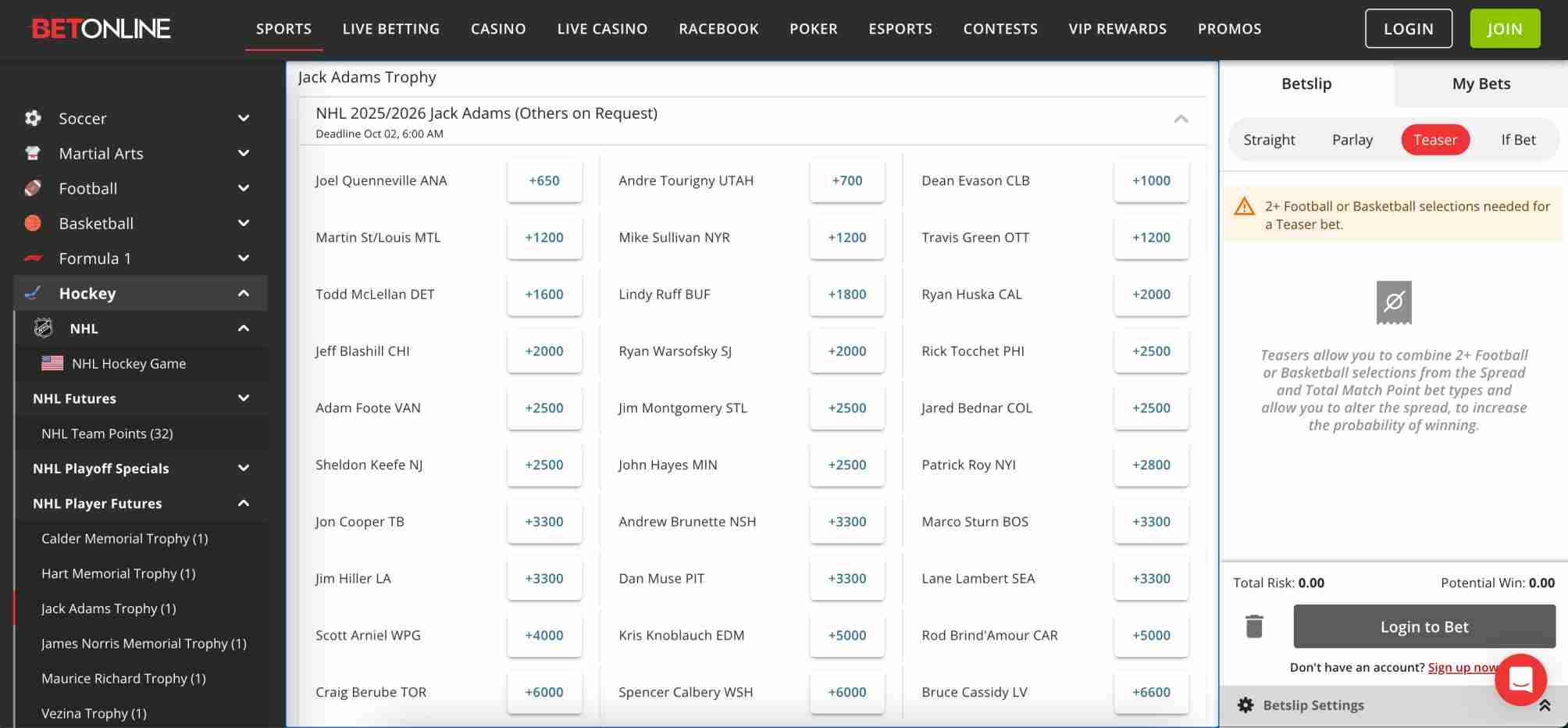 BetOnline NHL futures page showing Jack Adams Trophy odds, useful for Venmo withdrawal insights.