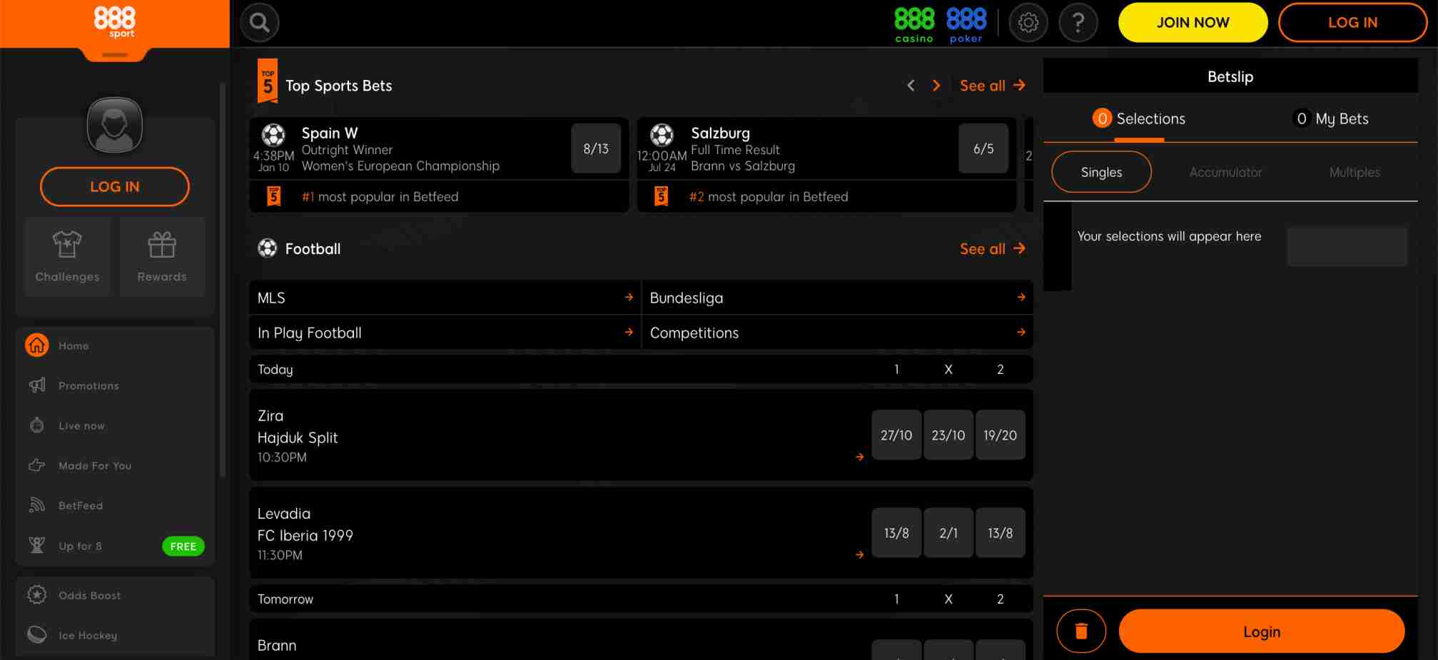 888sport platform displaying top sports bets and football betting markets, highlighting how selections appear in the betslip.