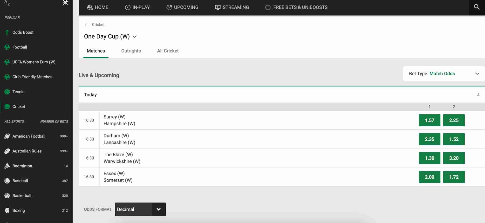 Unibet interface displaying multiple women’s One Day Cup matches and odds, relevant to exploring the question: Can Unibet take money back after cash out?