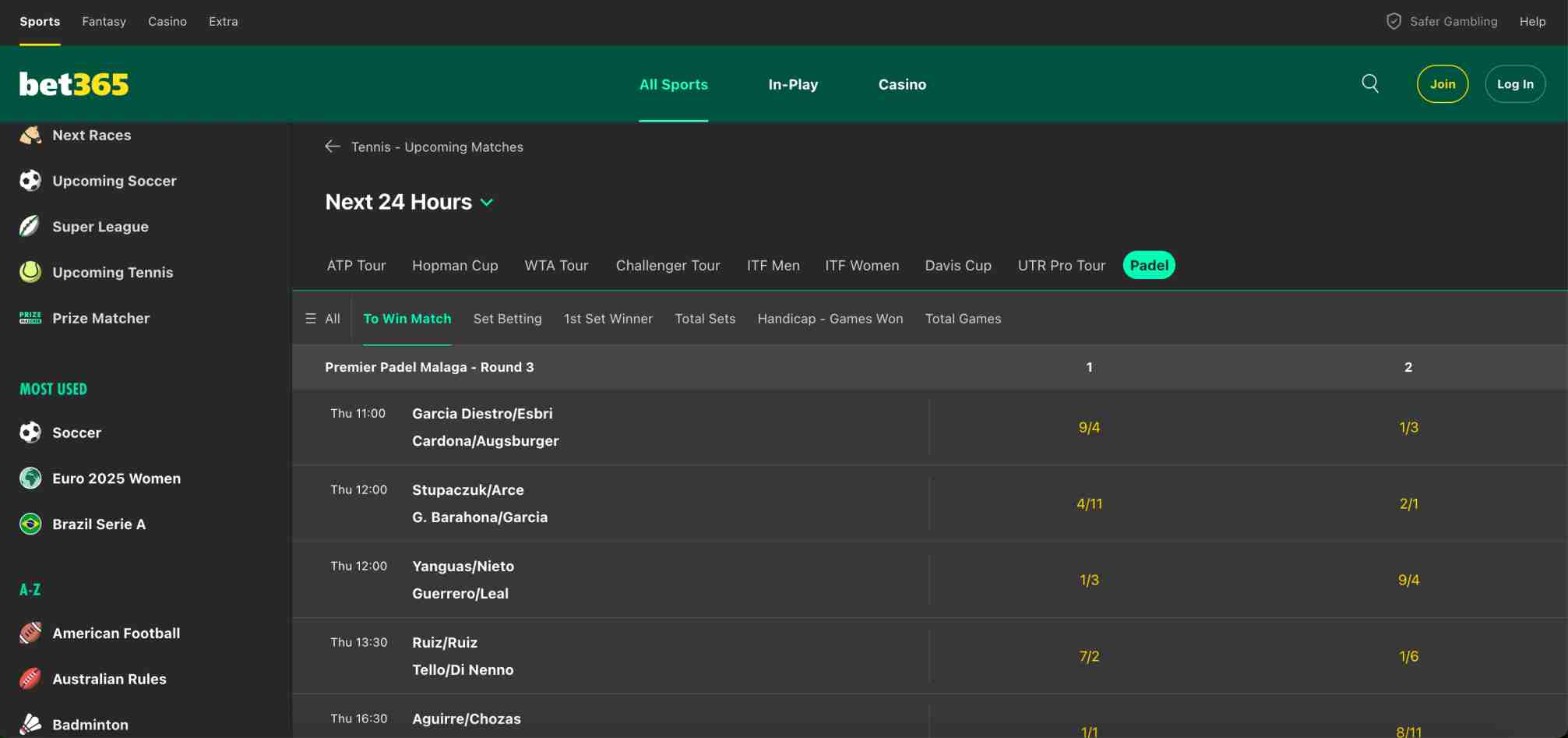 Bet365 betting screen showing tennis and padel odds for upcoming matches, illustrating betting markets and match outcomes.