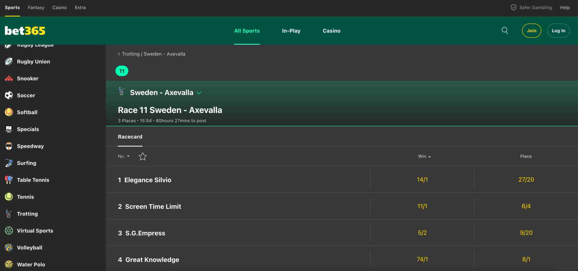 Bet365 racecard for Sweden – Axevalla with horse odds.
