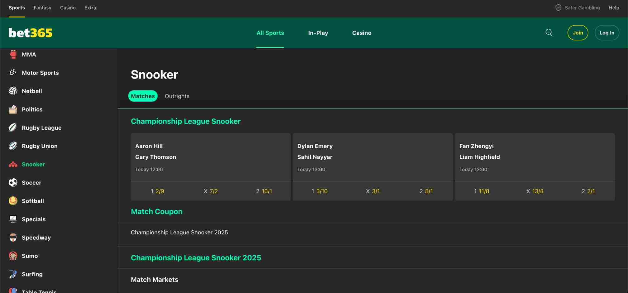 Bet365 snooker betting page displaying Championship League Snooker match odds and schedule.