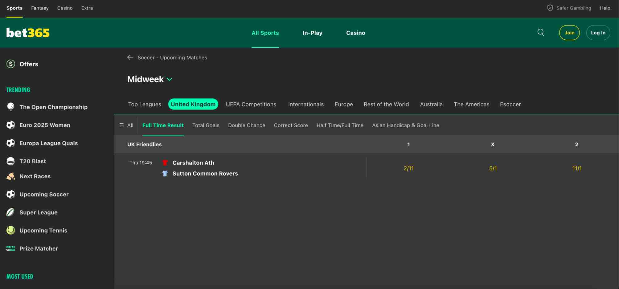 Bet365 betting interface showing odds for UK football friendlies—regular wins could make users wonder, will Bet365 ban me if I win too much?
